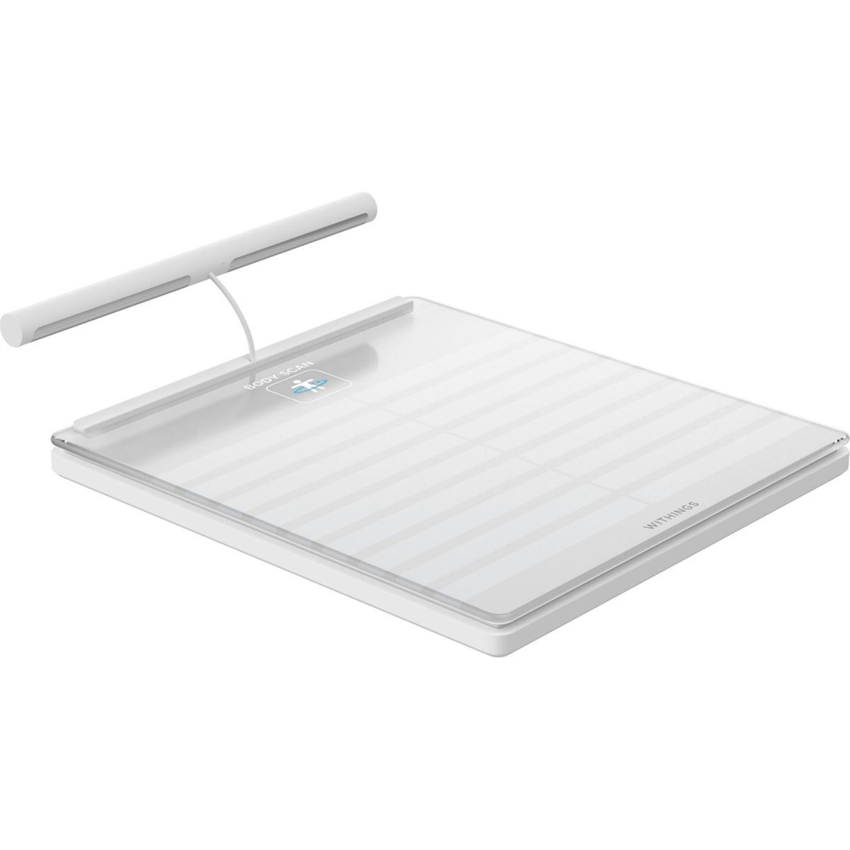 Biała waga Withings Body Scan z podłączonym uchwytem. Waga ma cyfrowy wyświetlacz, a uchwyt to długi, cienki pręt.