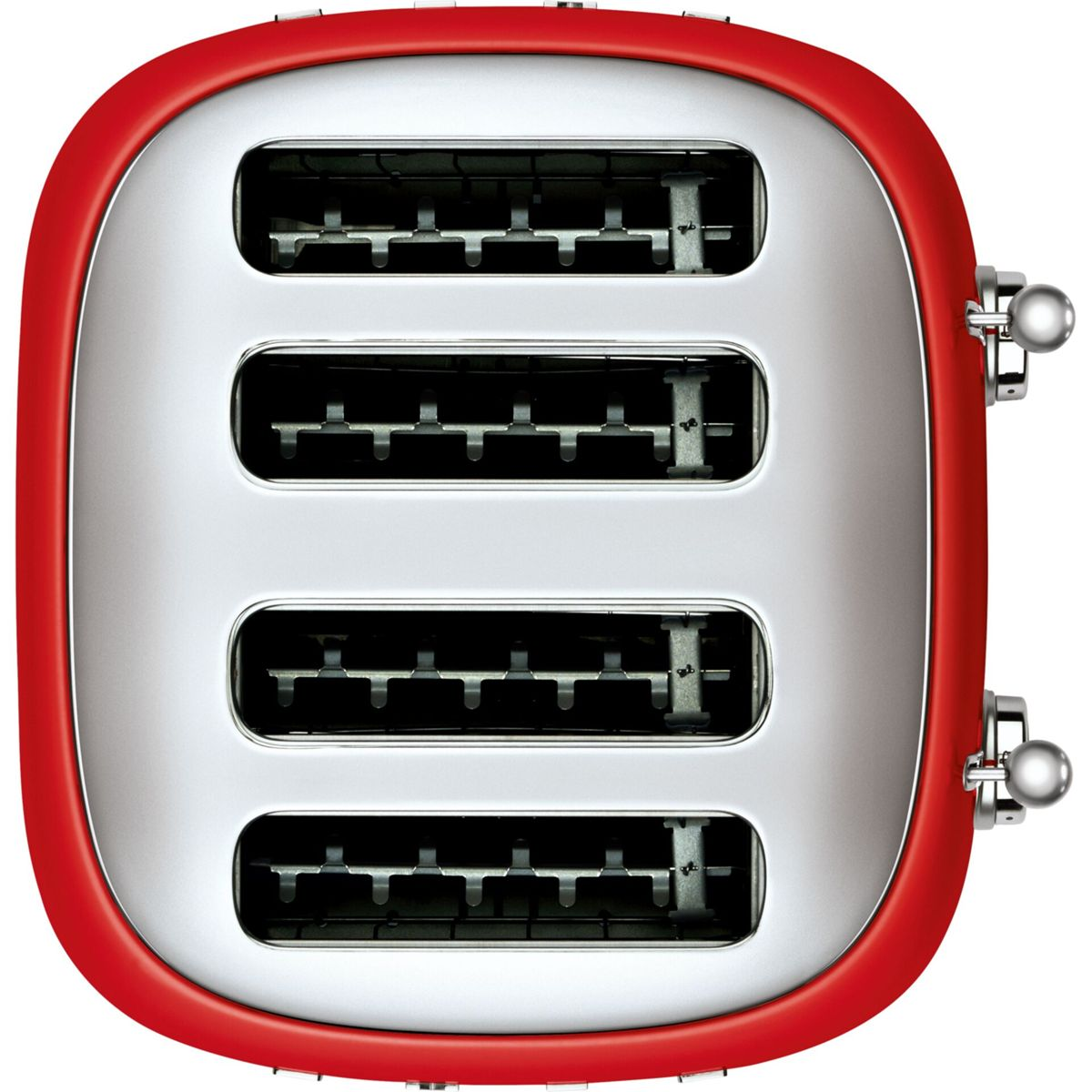 Czerwony i srebrny toster z czterema otworami. Toster ma czerwoną ramę i srebrne wnętrze. Dźwignie są srebrne.