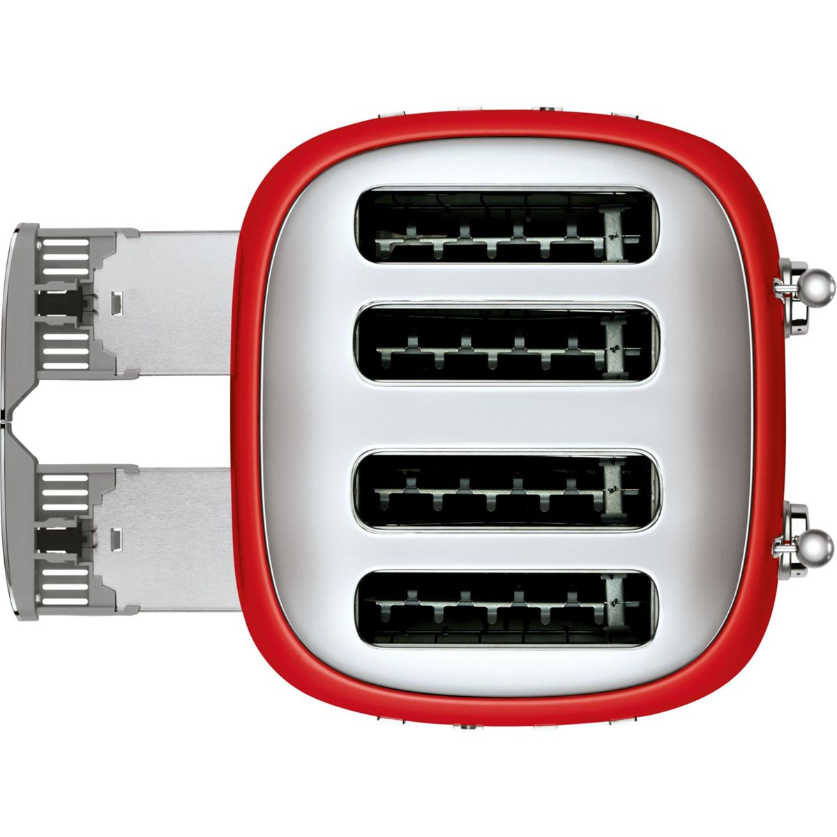 Czerwony i srebrny toster, widok z góry. Ma cztery szczeliny, po dwie na każdej stronie, z czerwoną ramą i srebrną dźwignią.