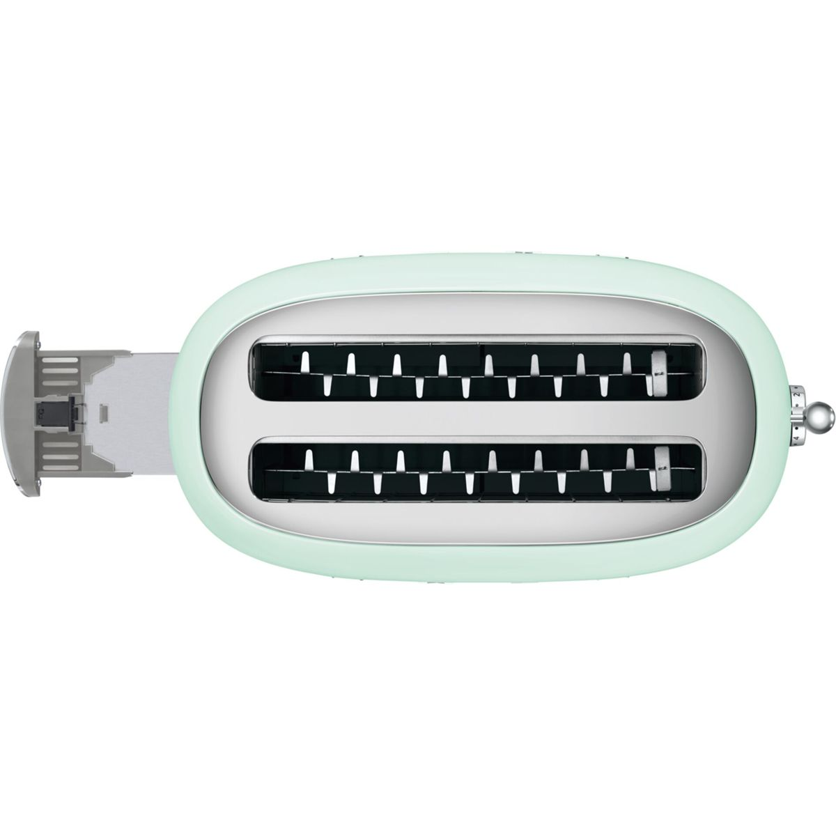 Widok z góry na miętowy toster z dwoma otworami. Dźwignia jest po lewej stronie, a pokrętło po prawej.