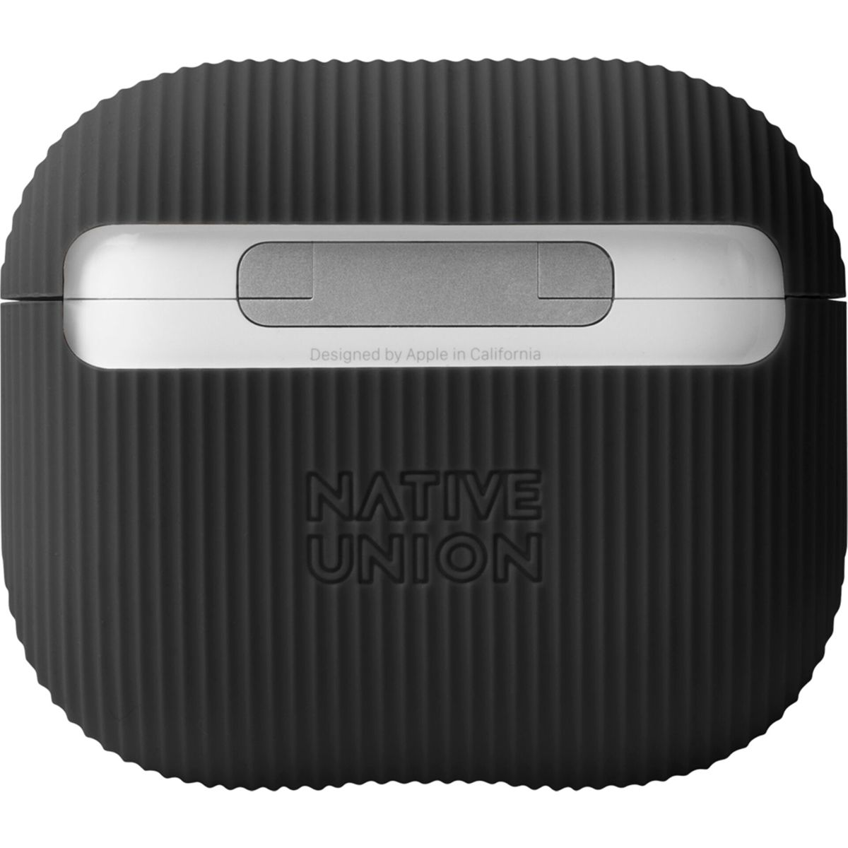 Étui AirPods Native Union noir avec une bande blanche et un logo. L'étui a une texture côtelée.