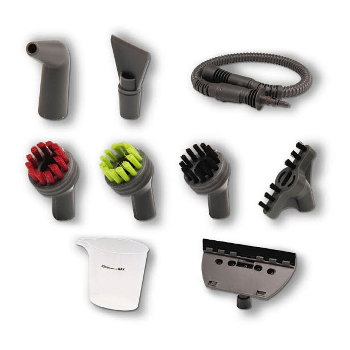 Różne akcesoria do myjki parowej, w tym dysze, szczotki z czerwonym, zielonym i czarnym włosiem, miarka i wąż.