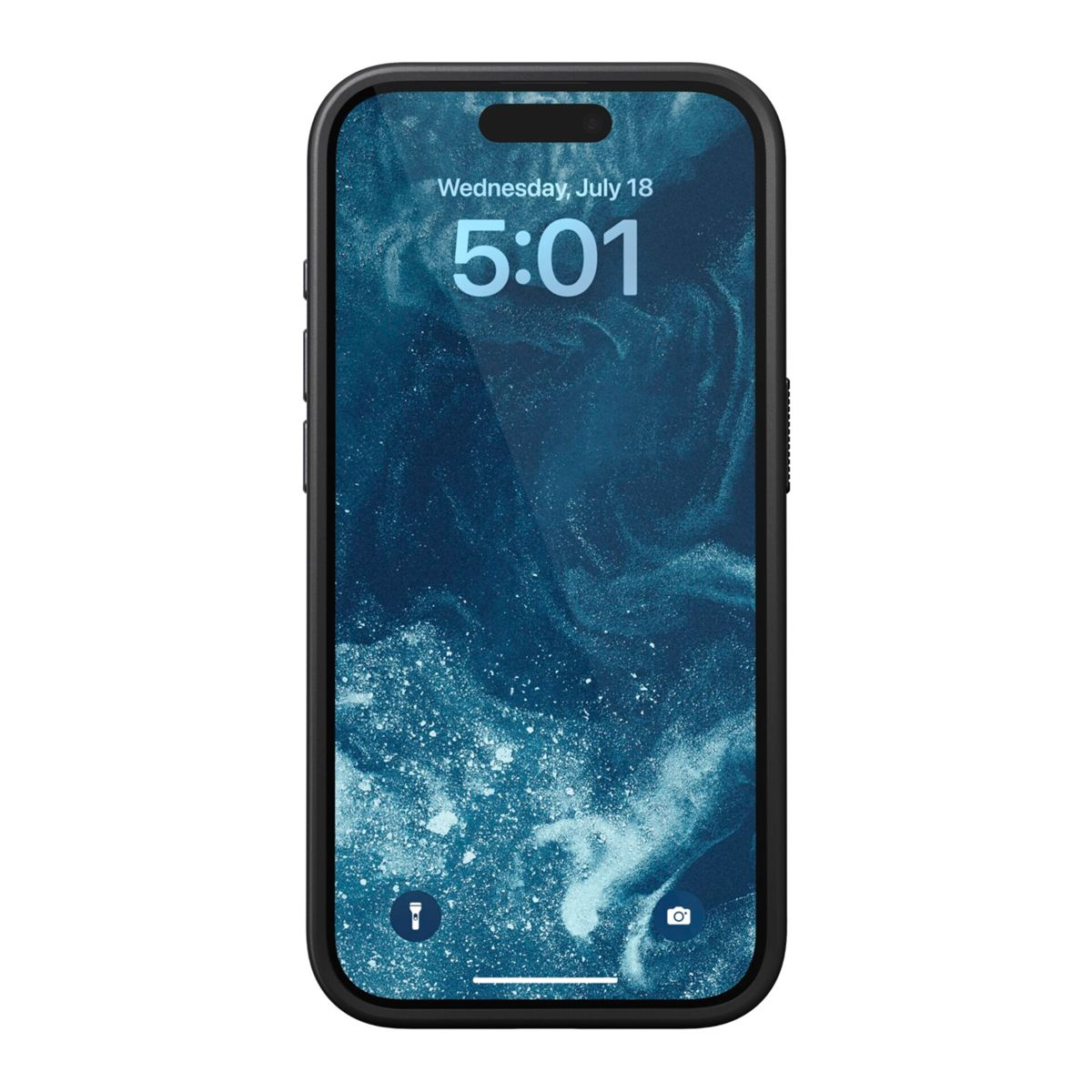 Ein schwarzes Smartphone zeigt einen Sperrbildschirm mit einem blauen, wirbelnden Galaxienhintergrund und der Uhrzeit 5:01.