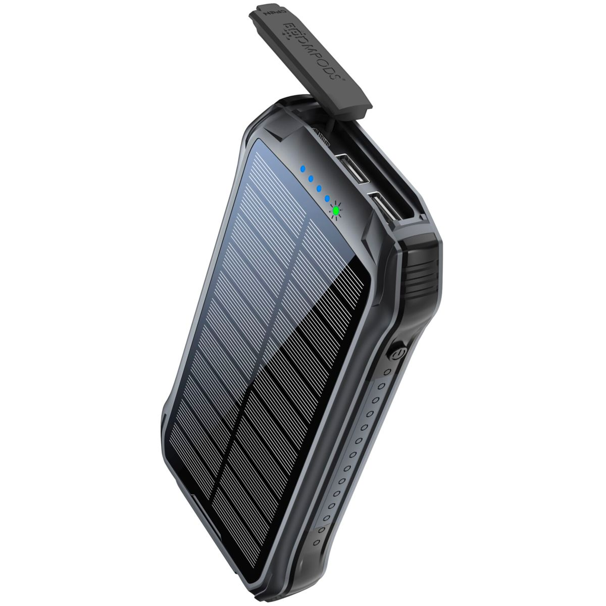 Un power bank solare nero e grigio con pannello a scomparsa. Le luci blu e verdi indicano lo stato di alimentazione. Porte USB visibili.