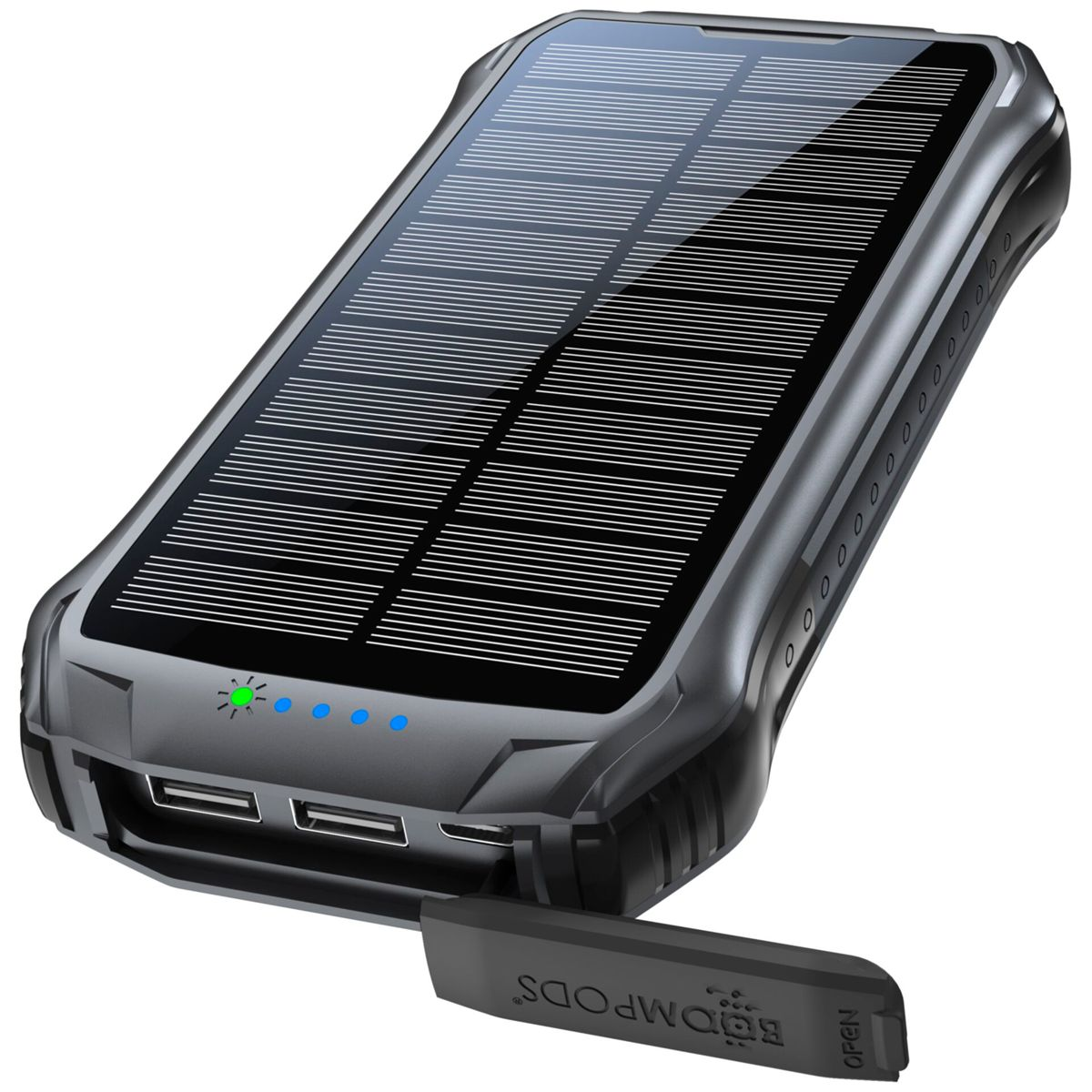 Un power bank solare nero con pannello solare. Ha porte USB e una copertura. Le spie di alimentazione sono accese.