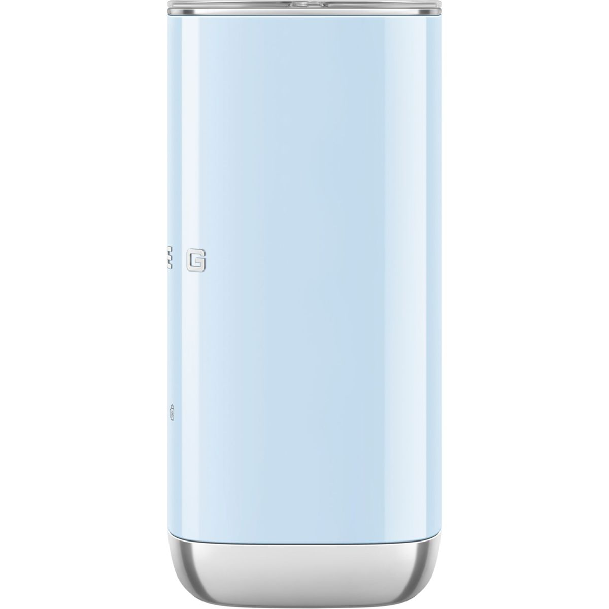 Ein hellblauer Smeg-Becher mit silbernem Boden und Rand. Das Smeg-Logo befindet sich an der Seite. Der Hintergrund ist weiß.