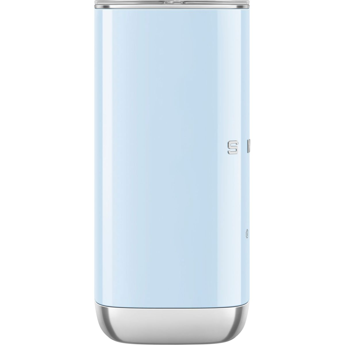 Ein hellblauer Smeg-Becher mit silbernem Boden und Deckel. Das Markenlogo befindet sich an der Seite. Der Becher ist zylindrisch.