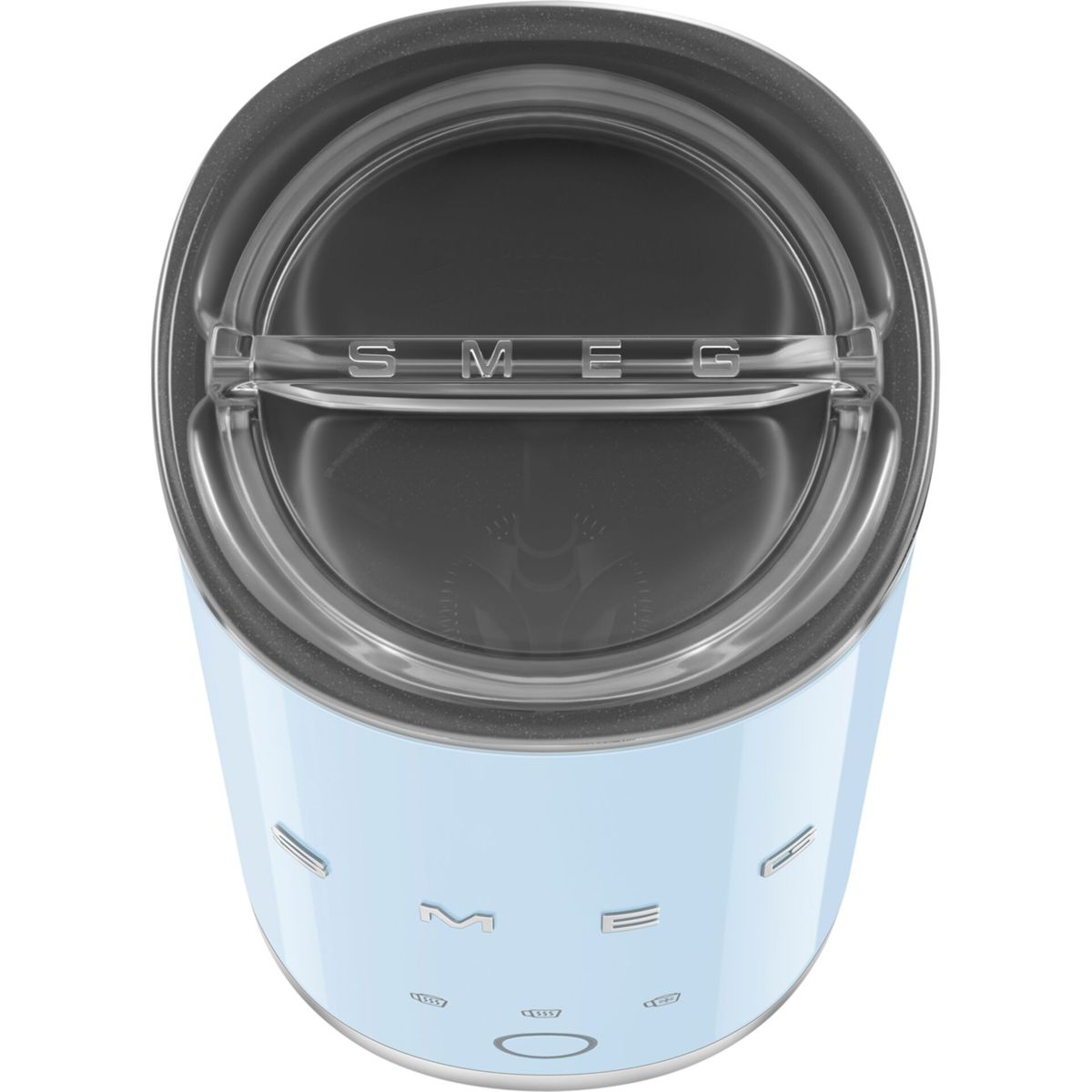 Ein hellblaues SMEG-Gerät. Die Oberseite ist dunkelgrau mit dem SMEG-Logo. Die Basis ist hellblau, mit Edelstahl-Zierleisten.
