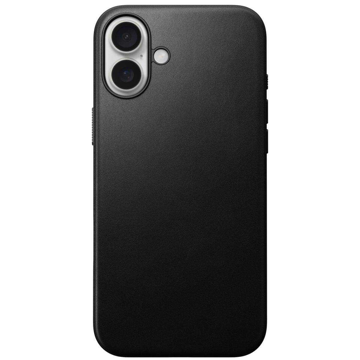 Una custodia nera per smartphone con due obiettivi e un flash. La custodia è liscia e opaca.
