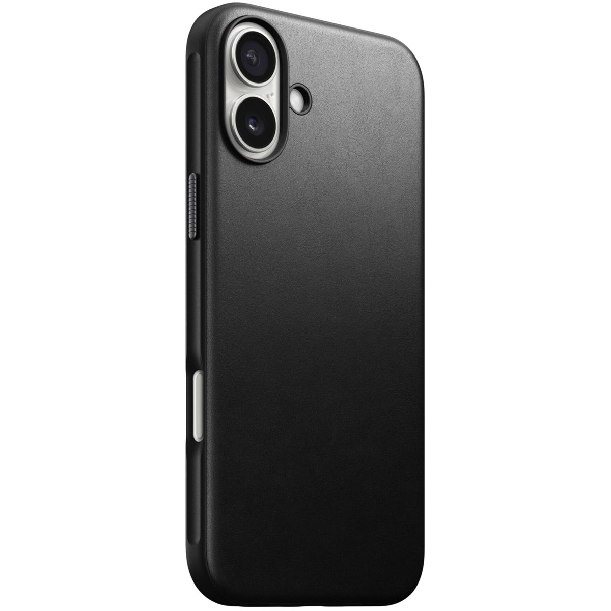 È mostrata una custodia nera per telefono con una fotocamera a doppia lente. La custodia ha una consistenza liscia e un pulsante bianco laterale.