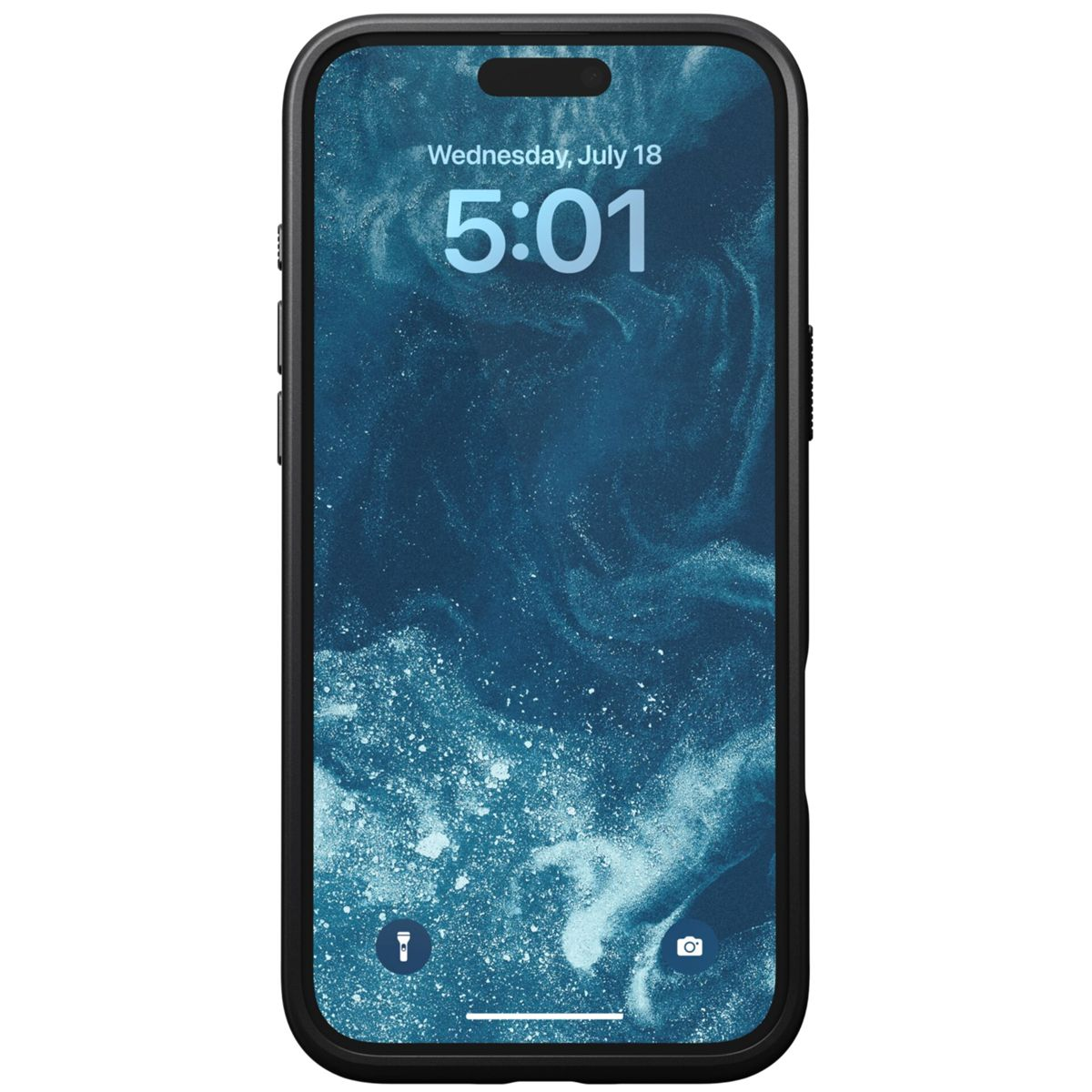 Uno smartphone nero mostra uno sfondo blu astratto con l'ora e la data. Il telefono è in una custodia nera.
