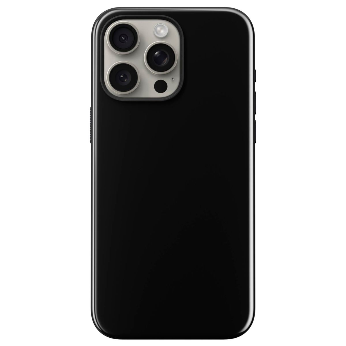 Ein schwarzes iPhone mit Schutzhülle. Die Kameraanordnung ist oben sichtbar. Das Telefon befindet sich auf weißem Hintergrund.