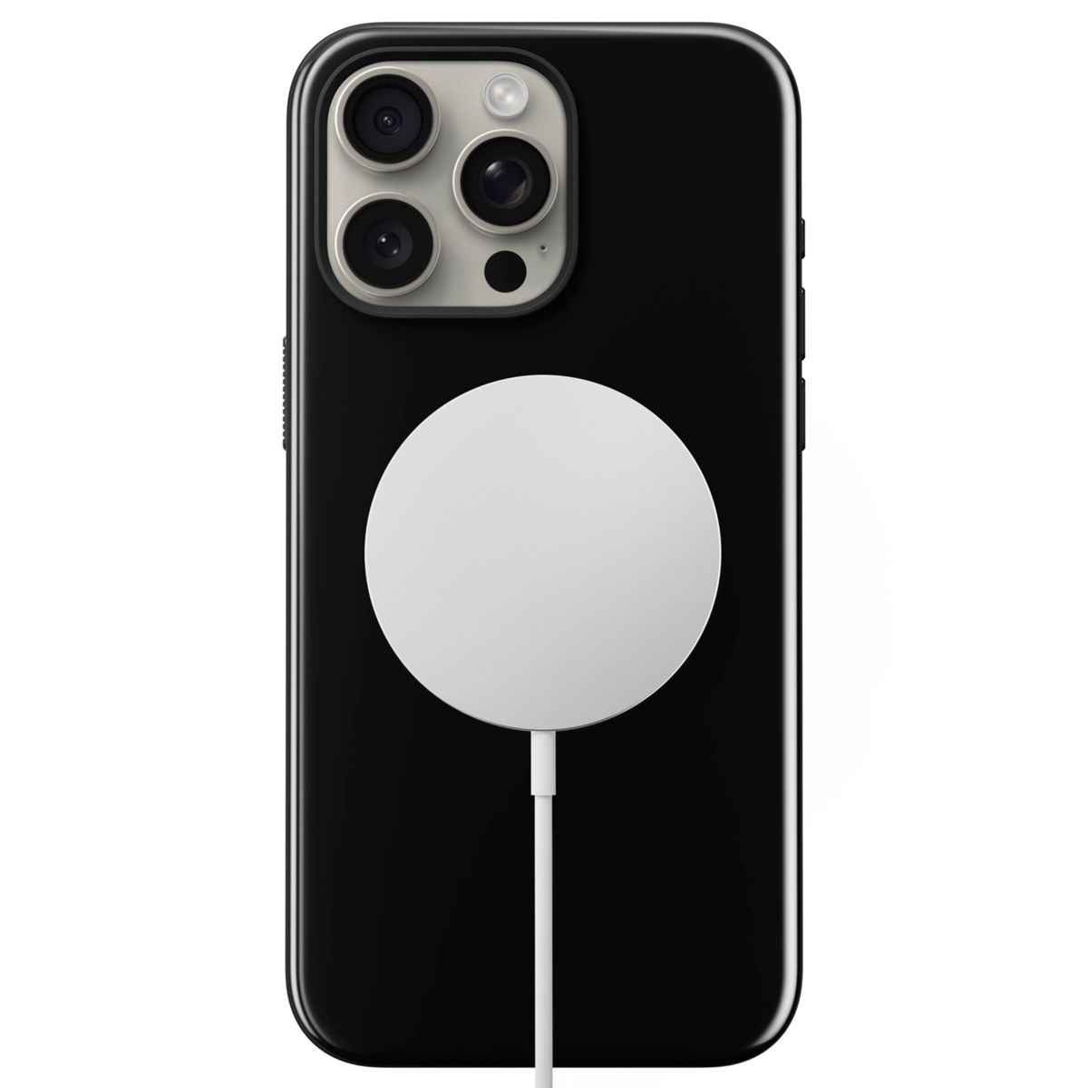 Ein schwarzes iPhone mit einem weißen MagSafe-Ladegerät. Das Telefon hat drei Kameras und einen Blitz. Das Ladegerät ist kreisförmig.