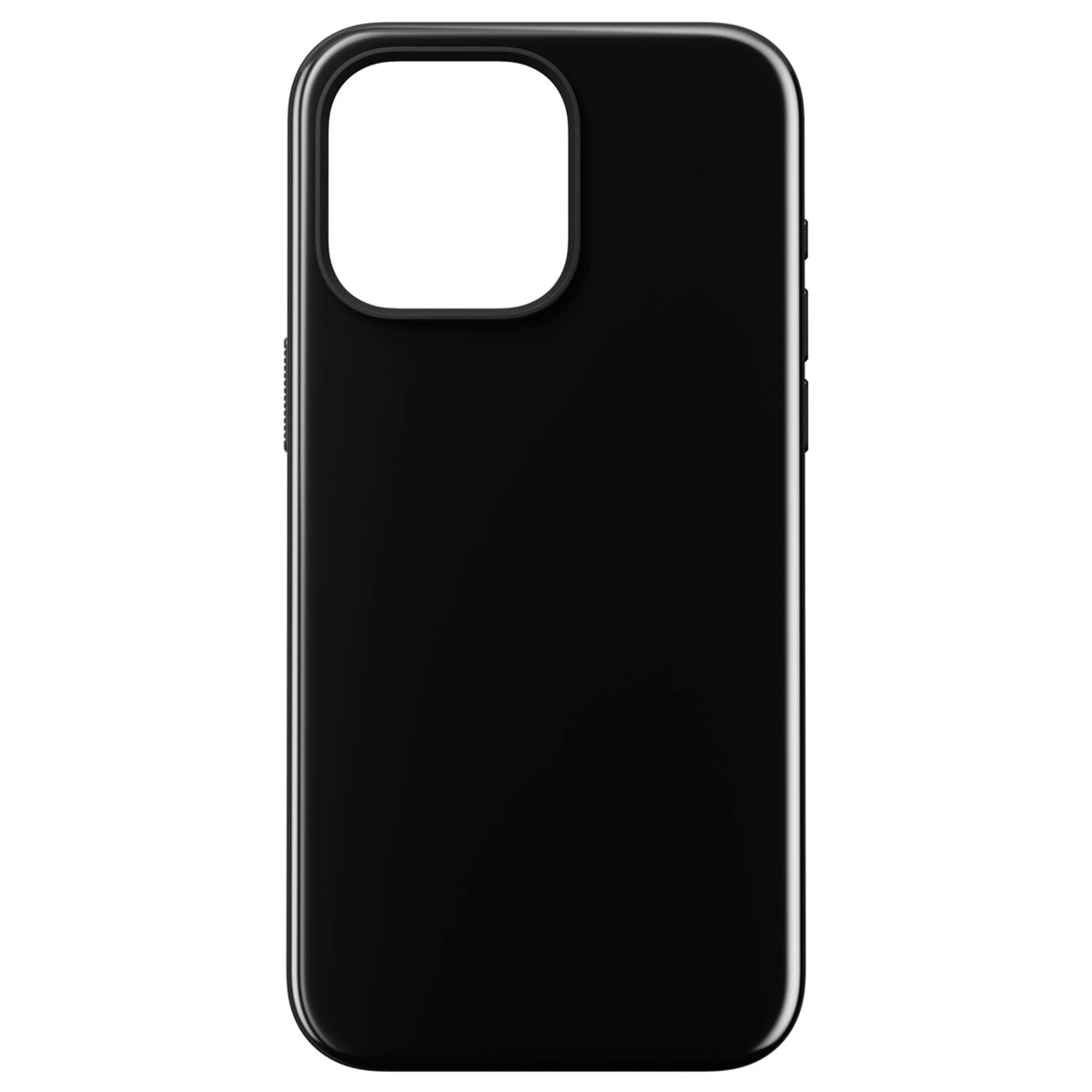 Eine schwarze Smartphone-Hülle. Die Hülle hat einen Kameraausschnitt und Knöpfe an der Seite. Die Hülle ist rechteckig mit abgerundeten Ecken.