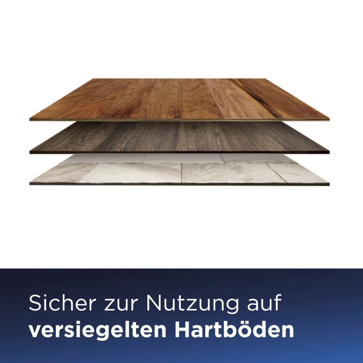 Das Bild zeigt drei Bodenschichten: Holz, Dunkelgrau und Fliesen, gestapelt. Text unten: Sicher für die Verwendung auf versiegelten Böden.