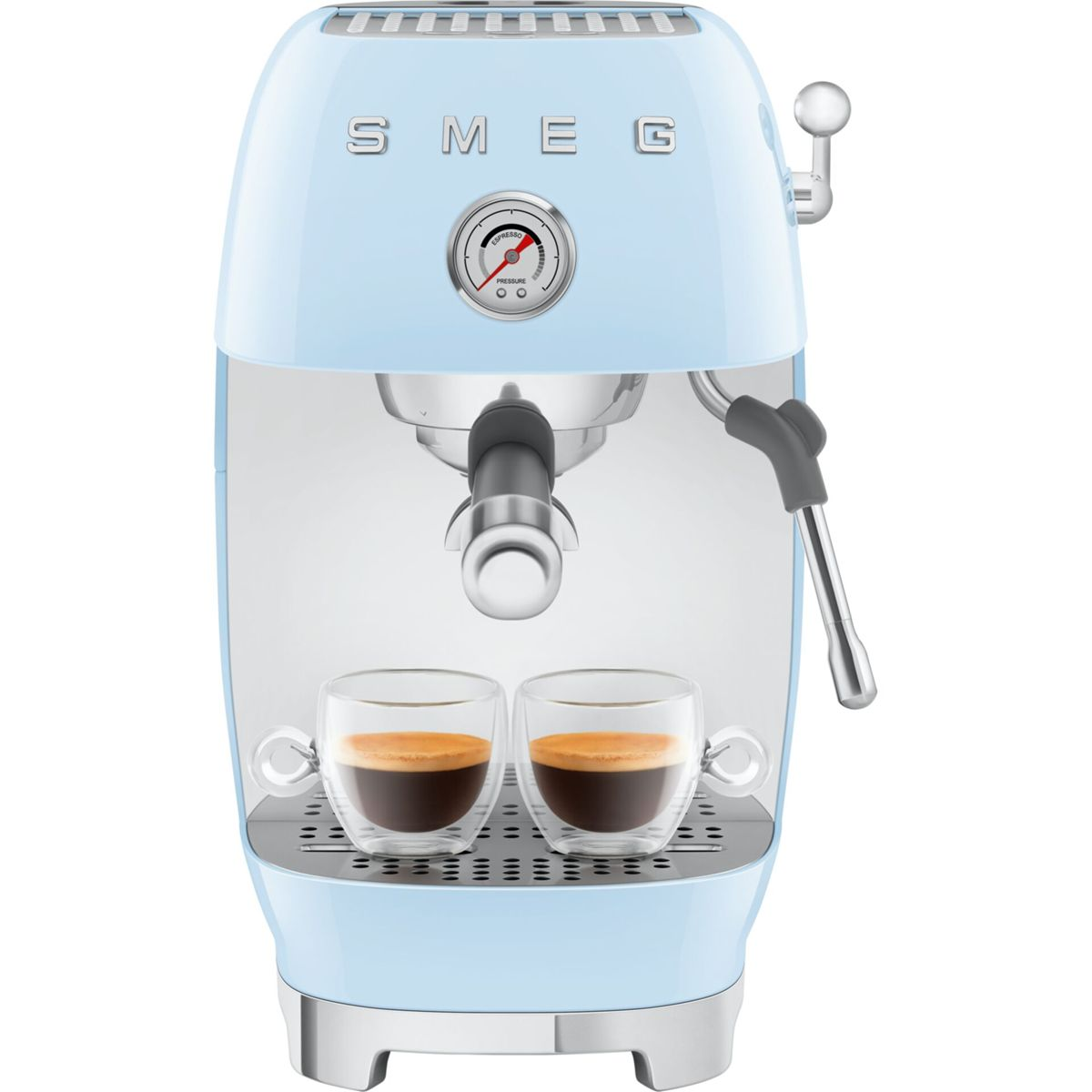 Máquina de espresso SMEG azul claro con dos tazas de café. La máquina tiene un manómetro y una varilla de vapor. Las tazas están en una bandeja.