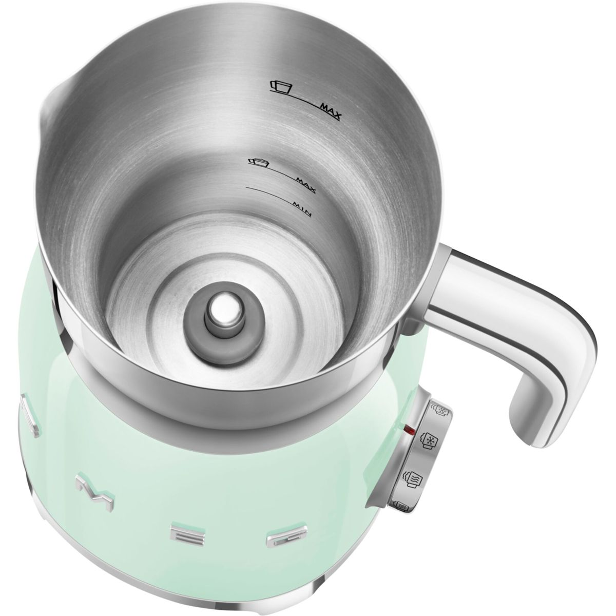 Miętowy czajnik elektryczny ze stalowym wnętrzem. Wyświetla linie min/max i uchwyt. Widoczny włącznik/wyłącznik i elementy sterujące.