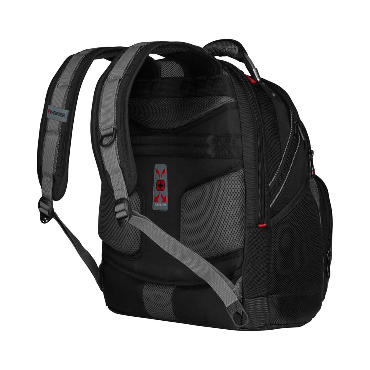 Schwarzer Wenger-Rucksack mit grauen Riemen. Merkmale Airflow-System auf der Rückseite. Wenger-Logo am Schultergurt.