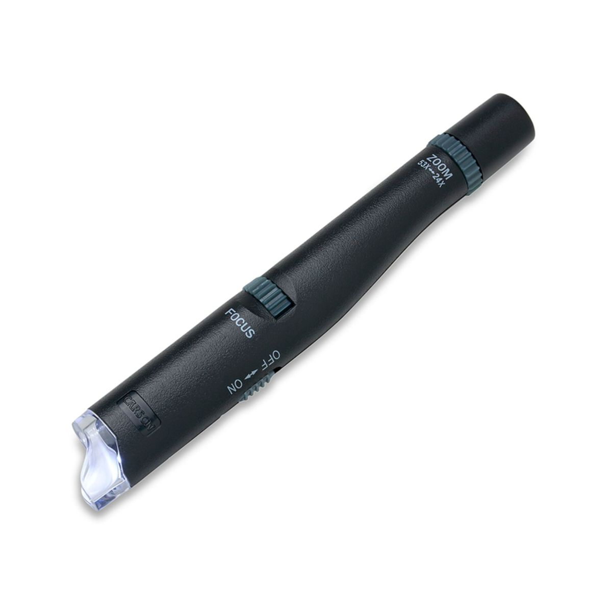 Un microscopio digitale portatile nero con una luce sulla punta. Ha comandi di messa a fuoco e zoom e uno sfondo bianco.