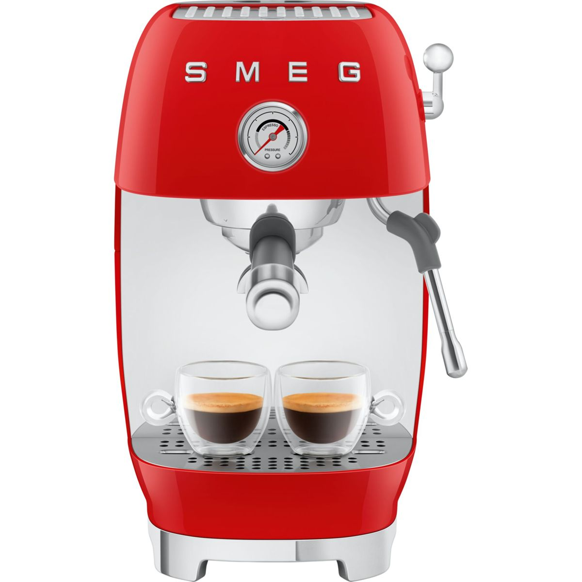 Máquina de espresso SMEG roja con dos tazas de café. Incluye un manómetro y una varilla de vapor. Primer plano con tazas de café.