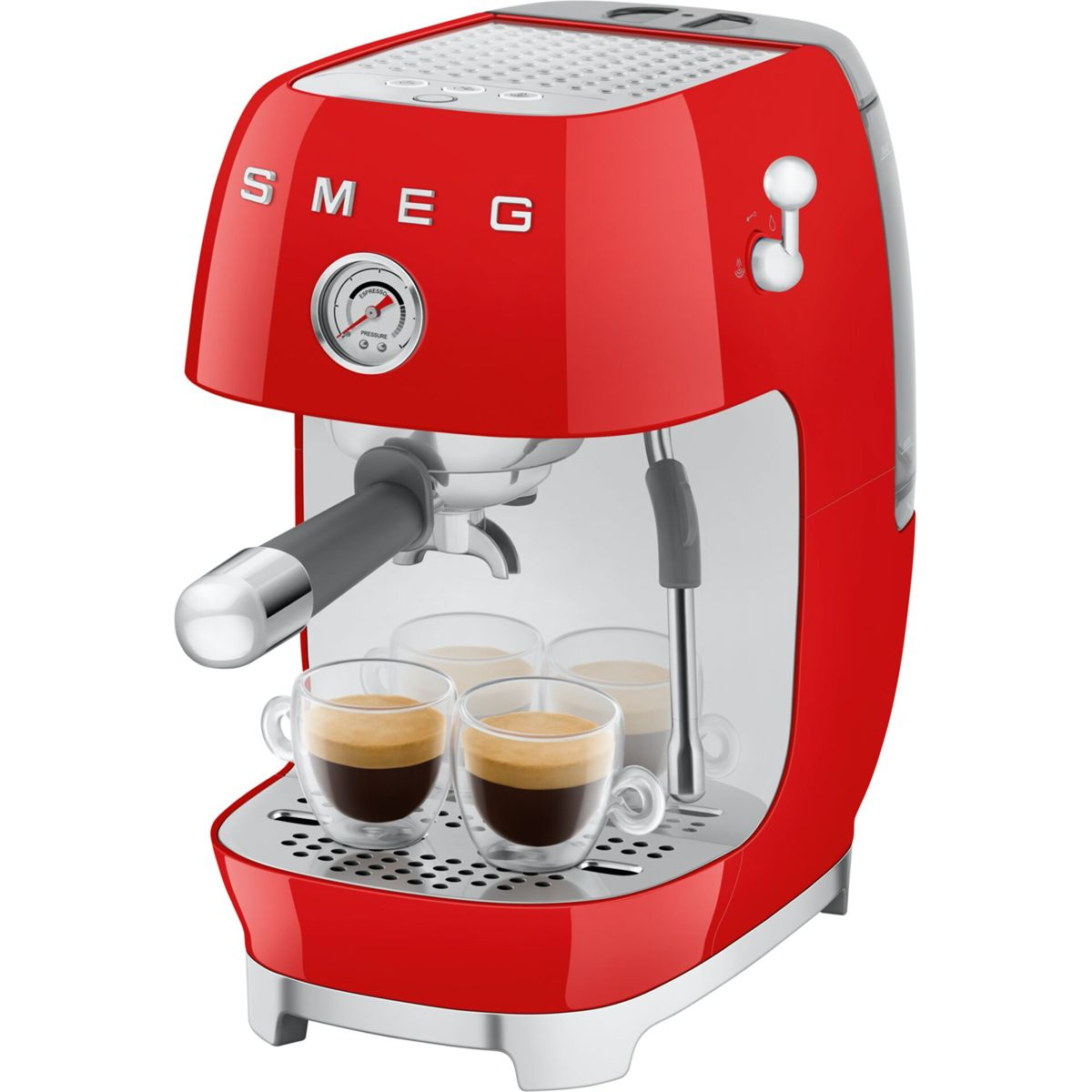Una máquina de espresso SMEG roja con dos tazas de café. La máquina tiene un manómetro y una varilla de vapor.