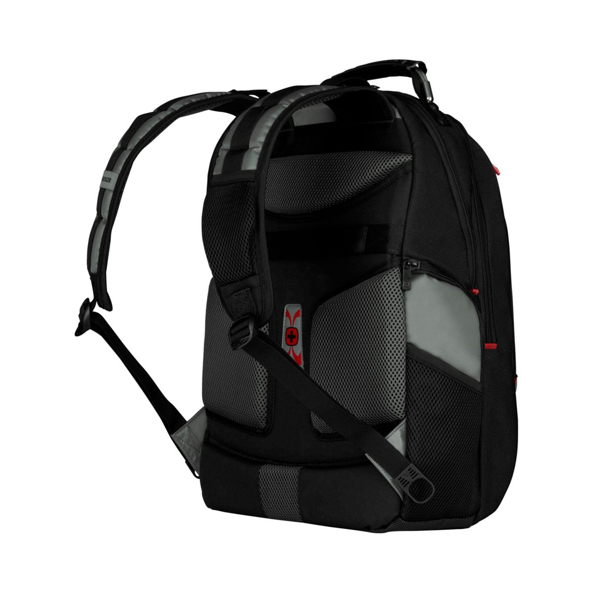 Schwarzer Rucksack mit grauen Akzenten. Merkmale: gepolsterte Träger, Mesh-Rückenteil und mehrere Fächer.
