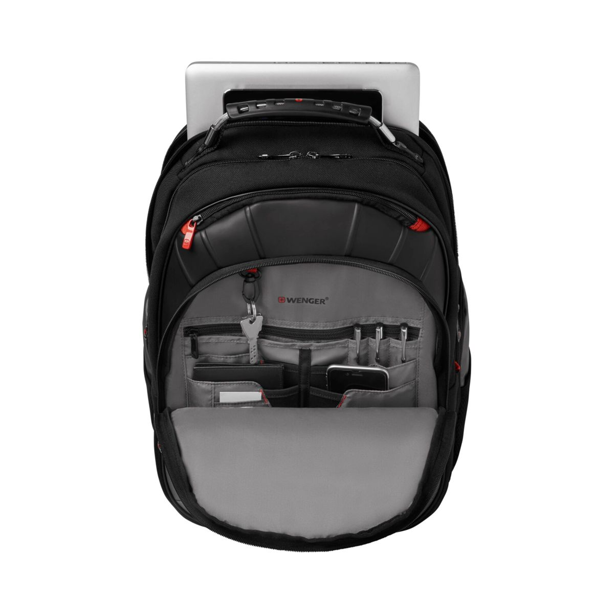 Schwarzer Wenger-Rucksack, teilweise geöffnet, zeigt Fächer mit Schlüsseln, Stiften, einem Telefon und einem Laptop.