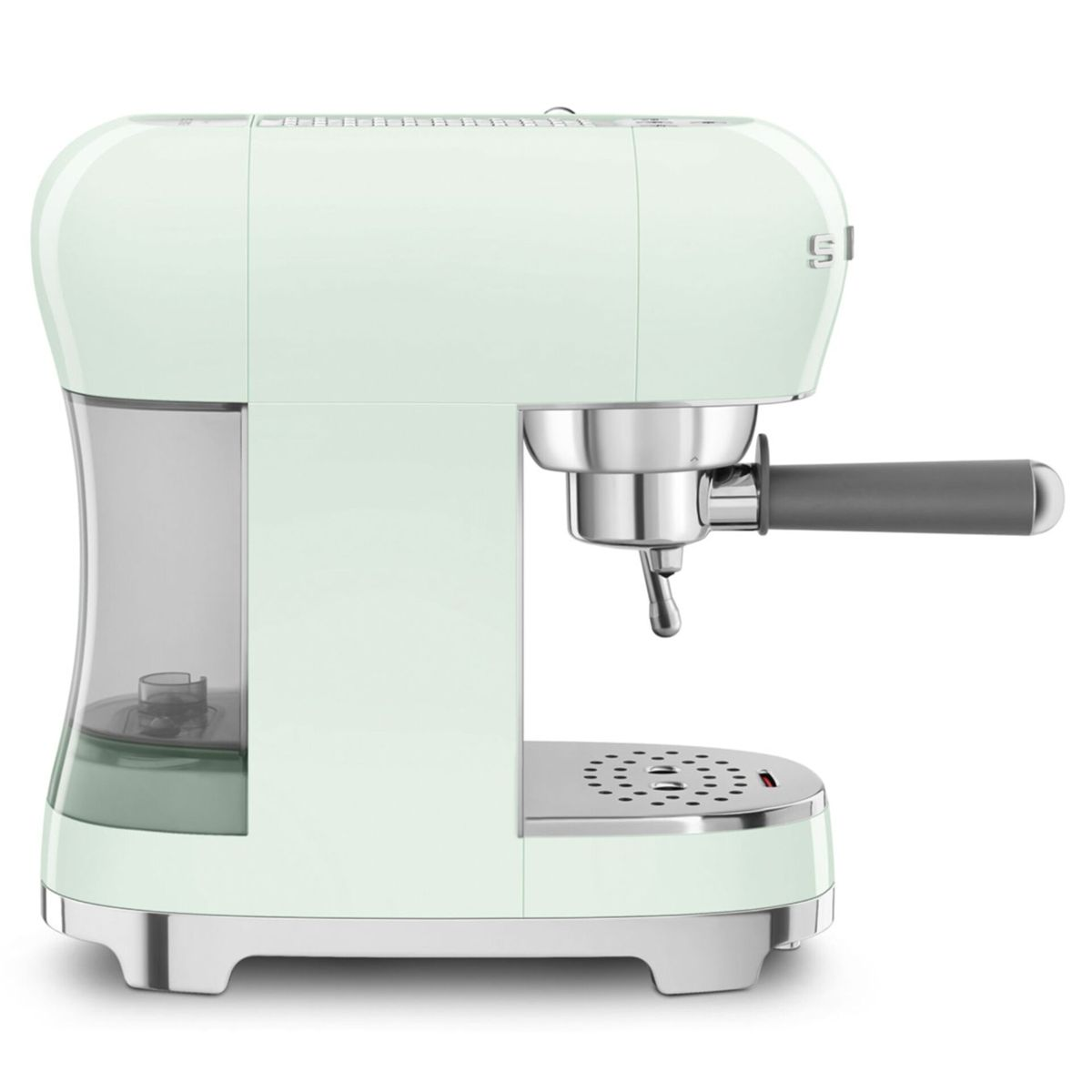 Una máquina de espresso verde menta con un depósito de agua y un portafiltro plateado. El mango es gris y hay una bandeja de goteo.