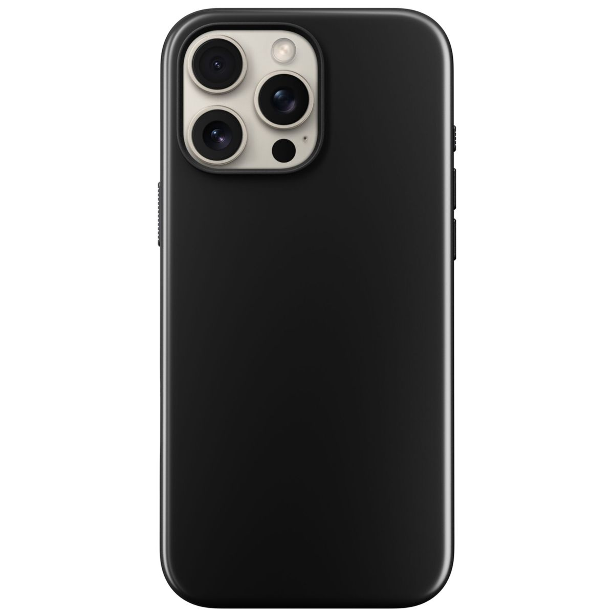 Ein schwarzes Smartphone mit einem Dreifach-Linsenkamerasystem und einer schwarzen Hülle. Das Telefon befindet sich auf weißem Hintergrund.