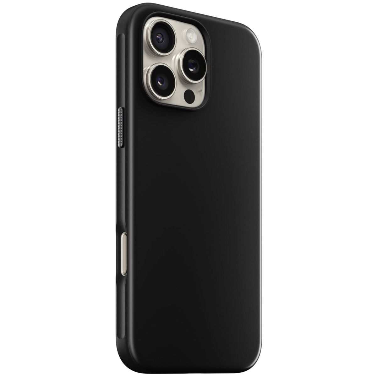 Schwarzes Smartphone mit drei Kameralinsen und einem Blitz. Das Telefon befindet sich in einer schwarzen Hülle.