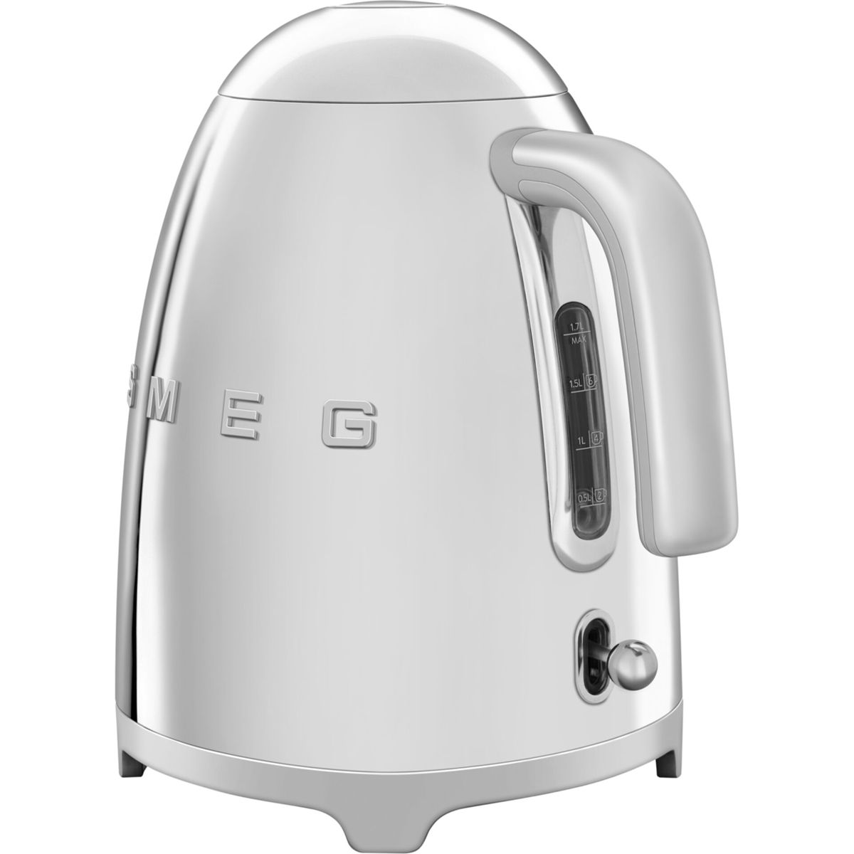 Błyszczący, biały czajnik elektryczny. Ma uchwyt, wskaźnik poziomu wody i markę 'Smeg'. Design jest inspirowany stylem retro.