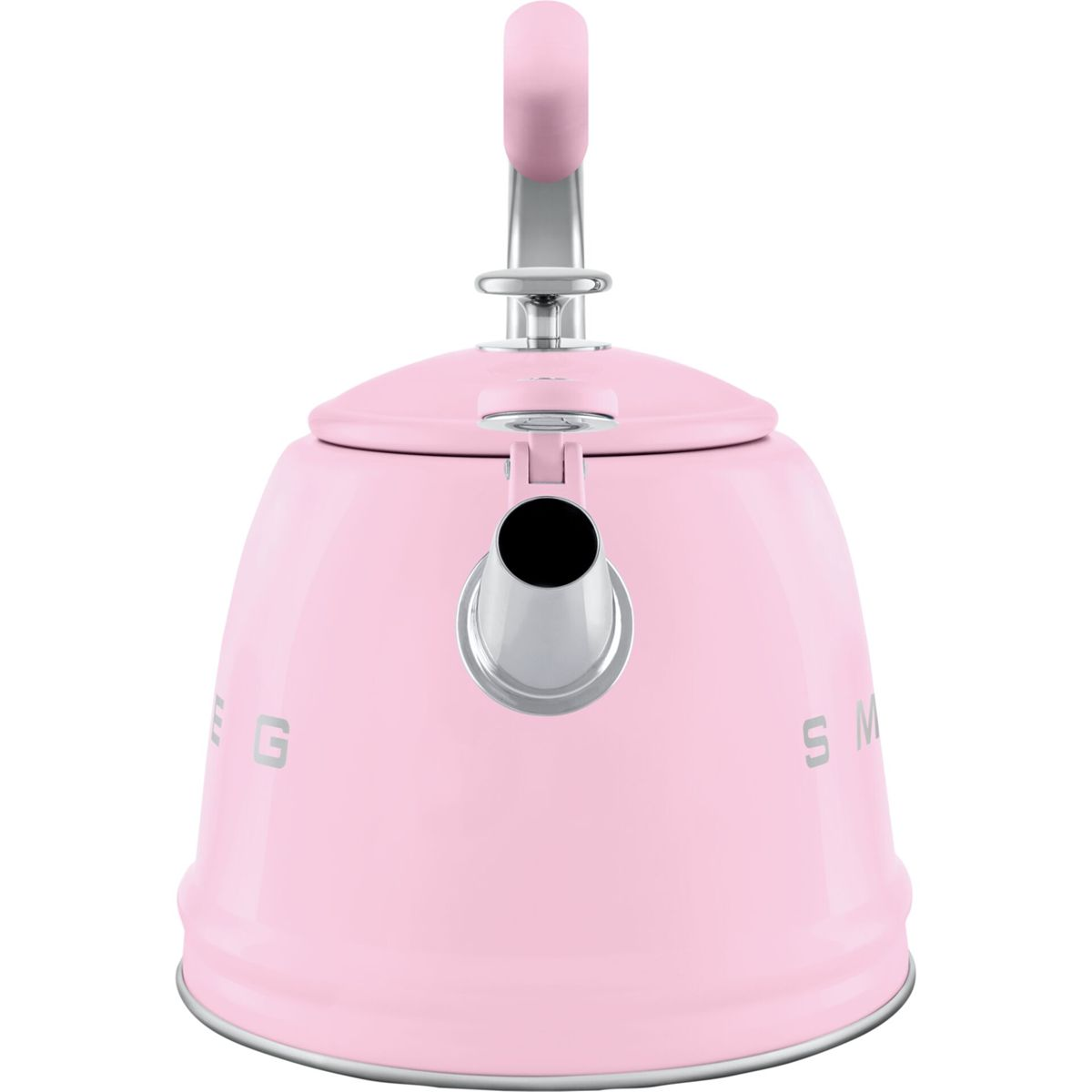 Ein rosa Wasserkocher mit silbernem Griff und Ausguss. Der Wasserkocher trägt das Wort "SMEG" und steht auf weißem Hintergrund.