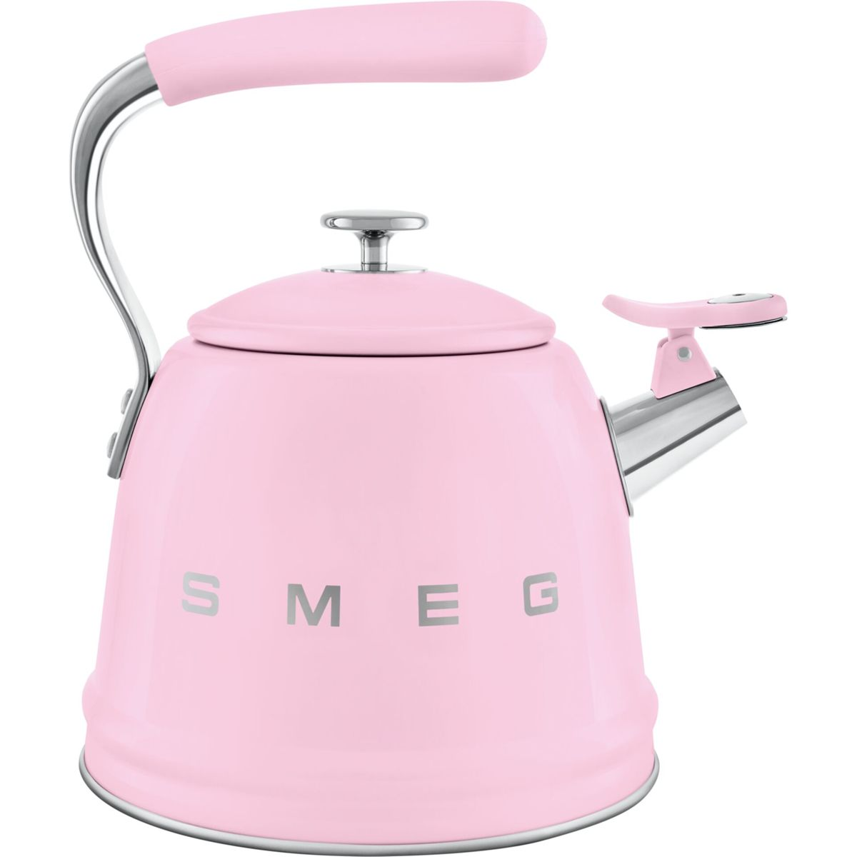 Ein rosa SMEG-Wasserkocher mit Griff und Ausguss. Er hat einen glänzenden Stahlsockel und Akzente. Der Griff und der Ausgusshebel sind ebenfalls rosa.