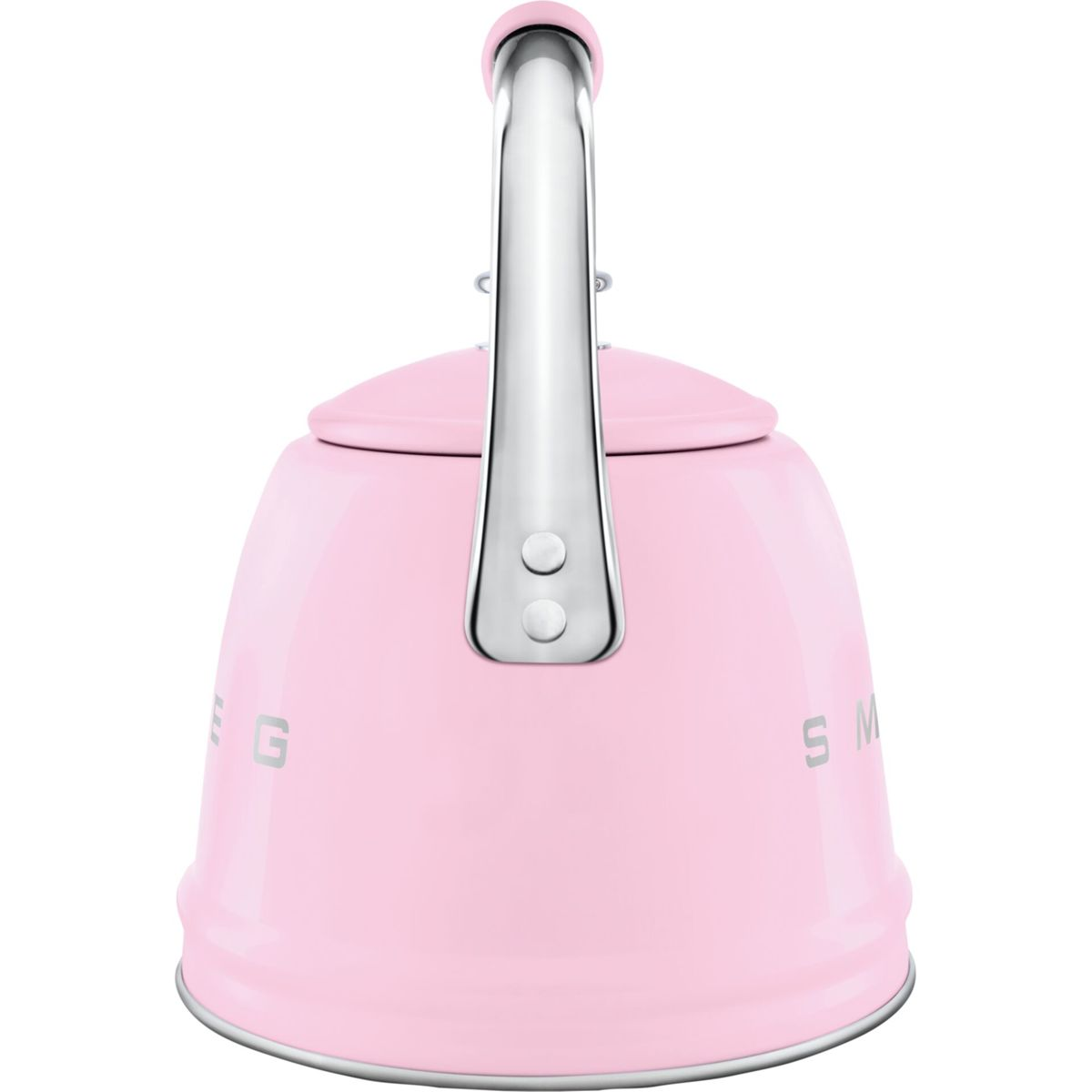 Ein rosa Wasserkocher mit silbernem Griff. Der Wasserkocher hat eine runde Form und einen Deckel. Der Griff ist gewölbt und der Sockel ist silber.