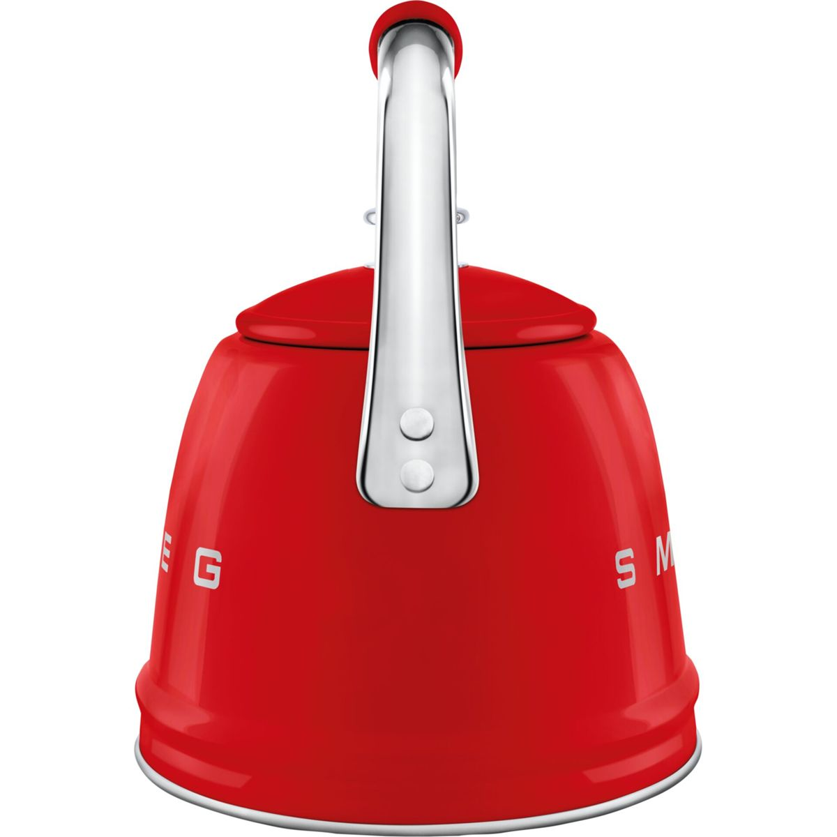 Un bollitore Smeg rosso con manico argentato. Il bollitore è su sfondo bianco. Il manico ha due pulsanti argentati.