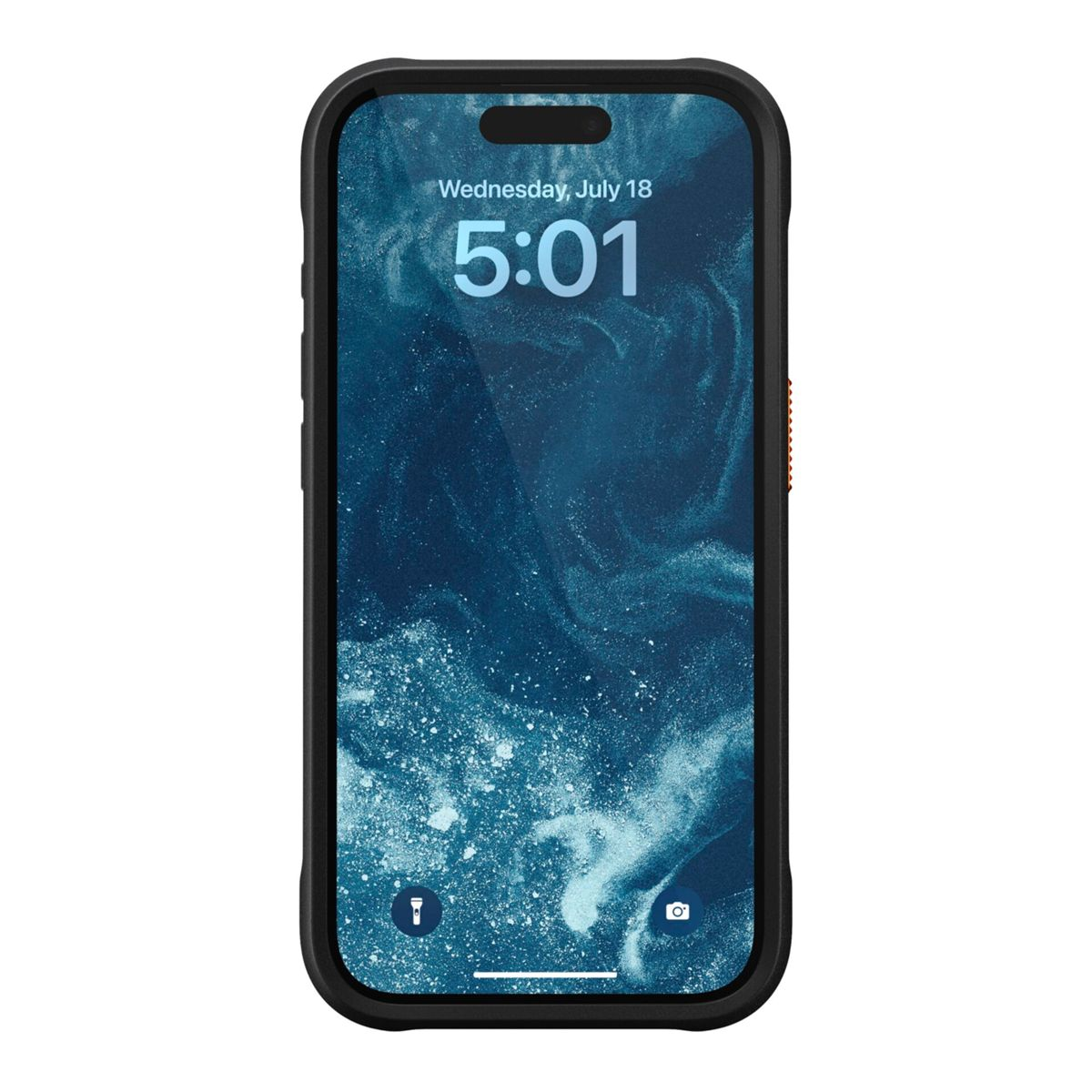 Uno smartphone mostra l'ora 5:01 il 18 luglio. È in una custodia nera. Lo sfondo è un design astratto blu.