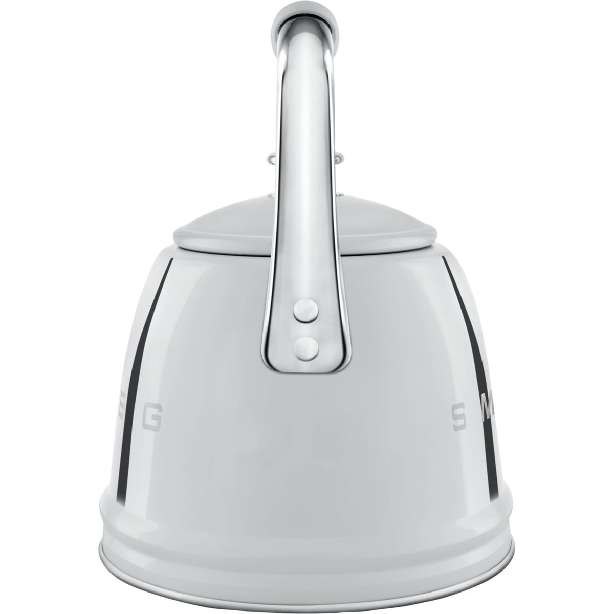 Una tetera blanca con un asa y detalles plateados brillantes, logotipo en el lateral. Tiene forma redondeada y una tapa en la parte superior.