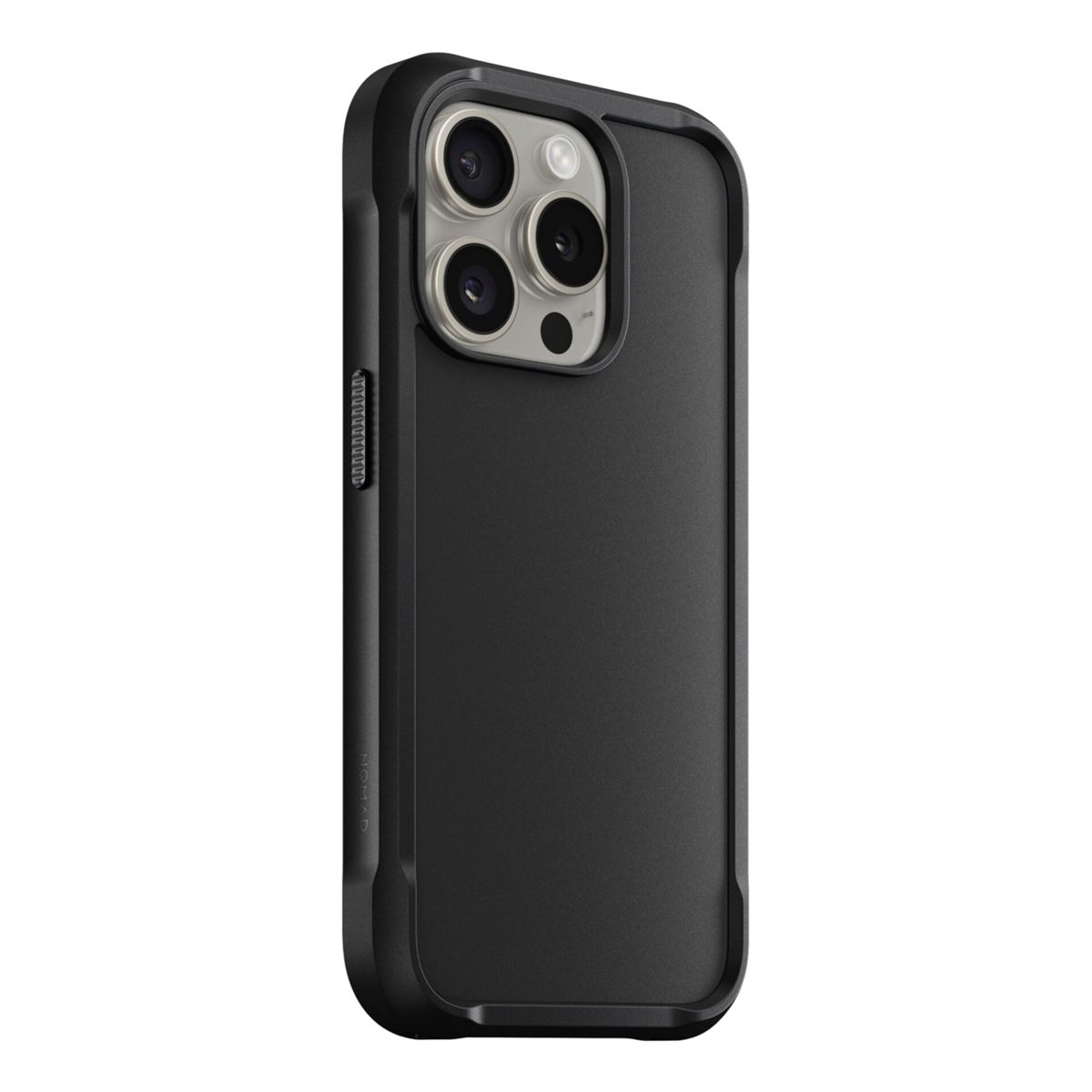 Ein schwarzes iPhone mit Hülle. Die Hülle hat eine matte Oberfläche und bedeckt die Rückseite und Seiten des Telefons.