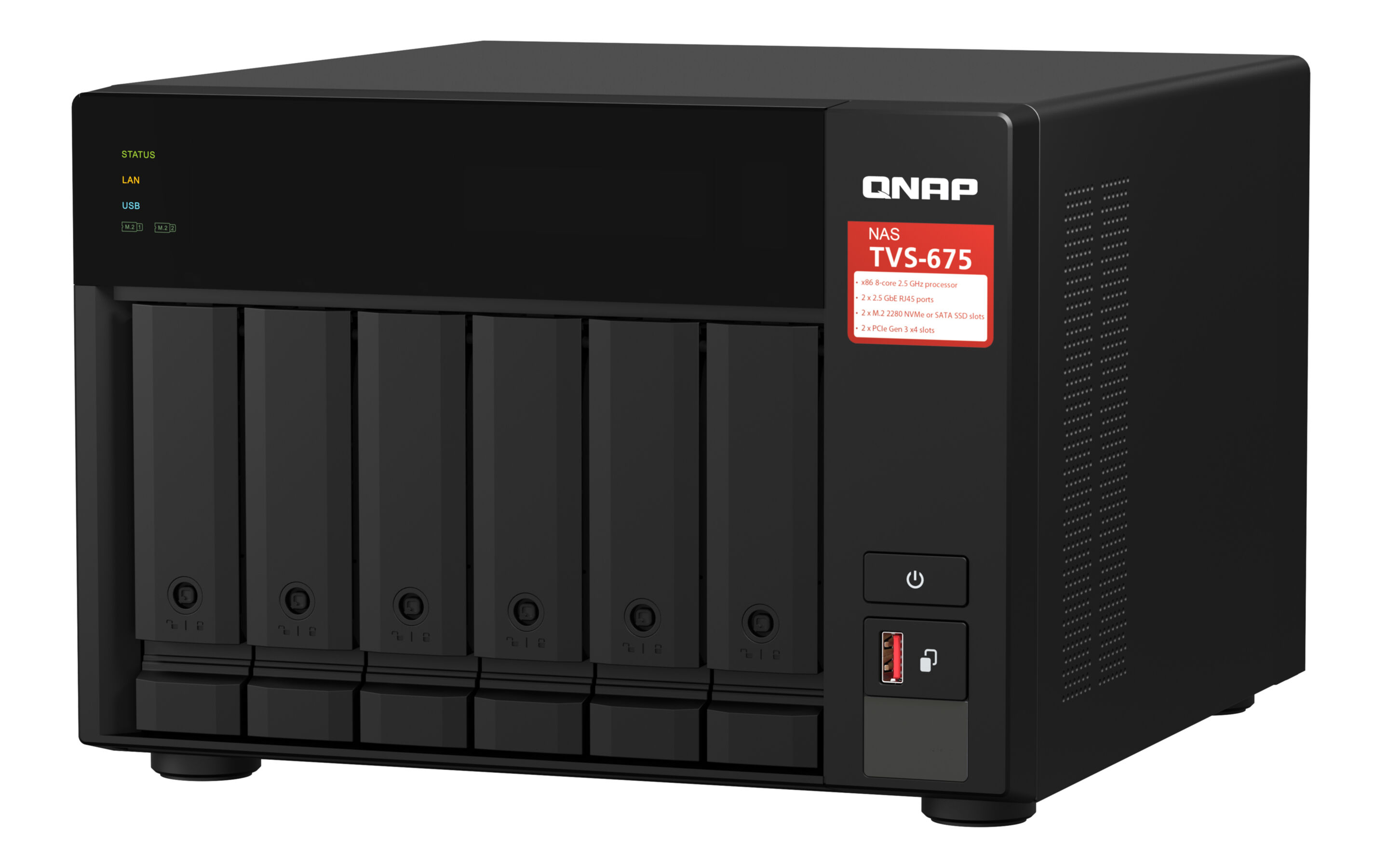 Schwarzer QNAP NAS-Server. Er hat Laufwerksschächte, Fronttasten und einen Aufkleber mit Spezifikationen. Die Statusleuchten sind sichtbar.