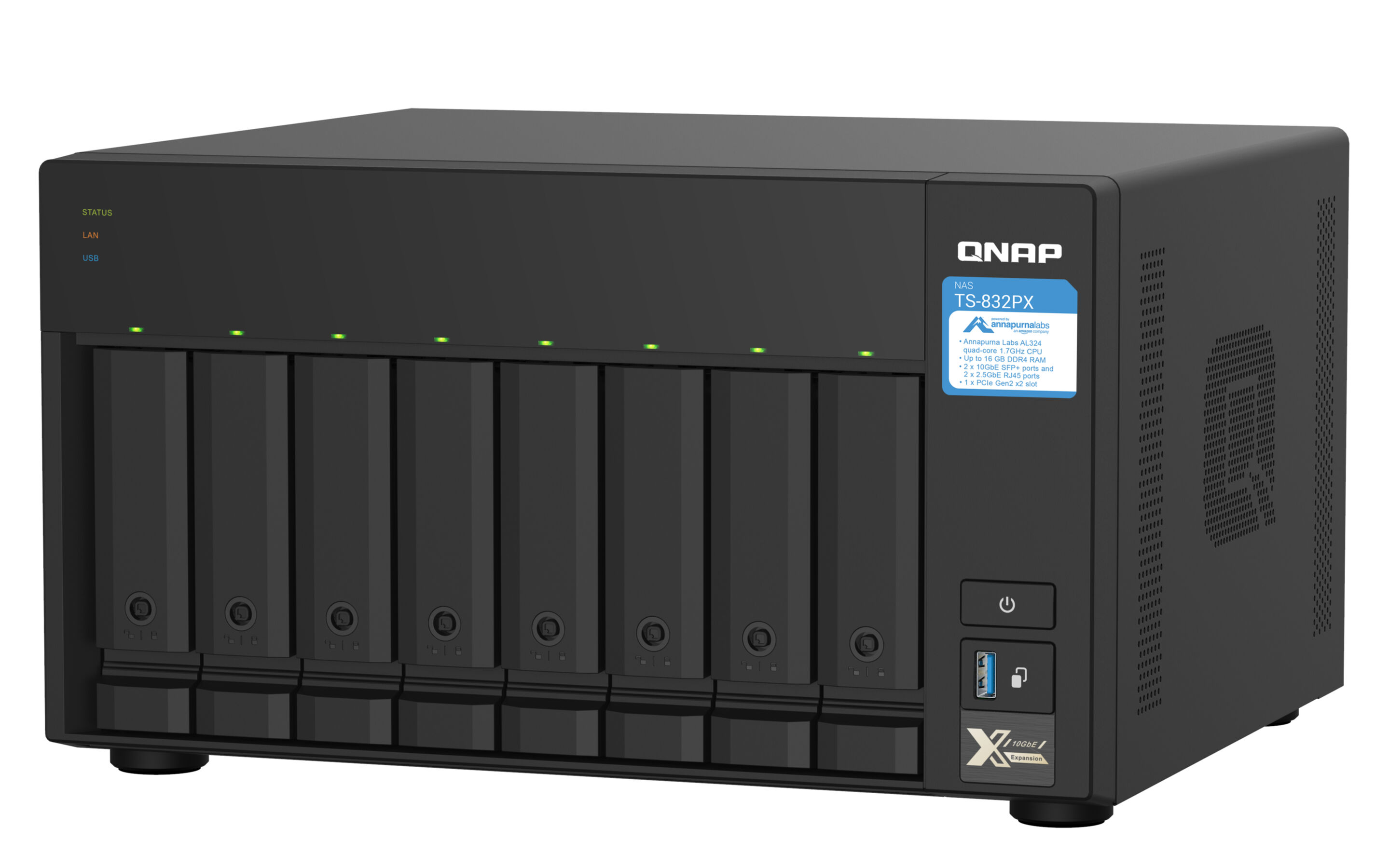 Ein schwarzer QNAP NAS-Server mit 8 Laufwerksschächten, Statusleuchten und einem 10-GbE-Erweiterungslogo.