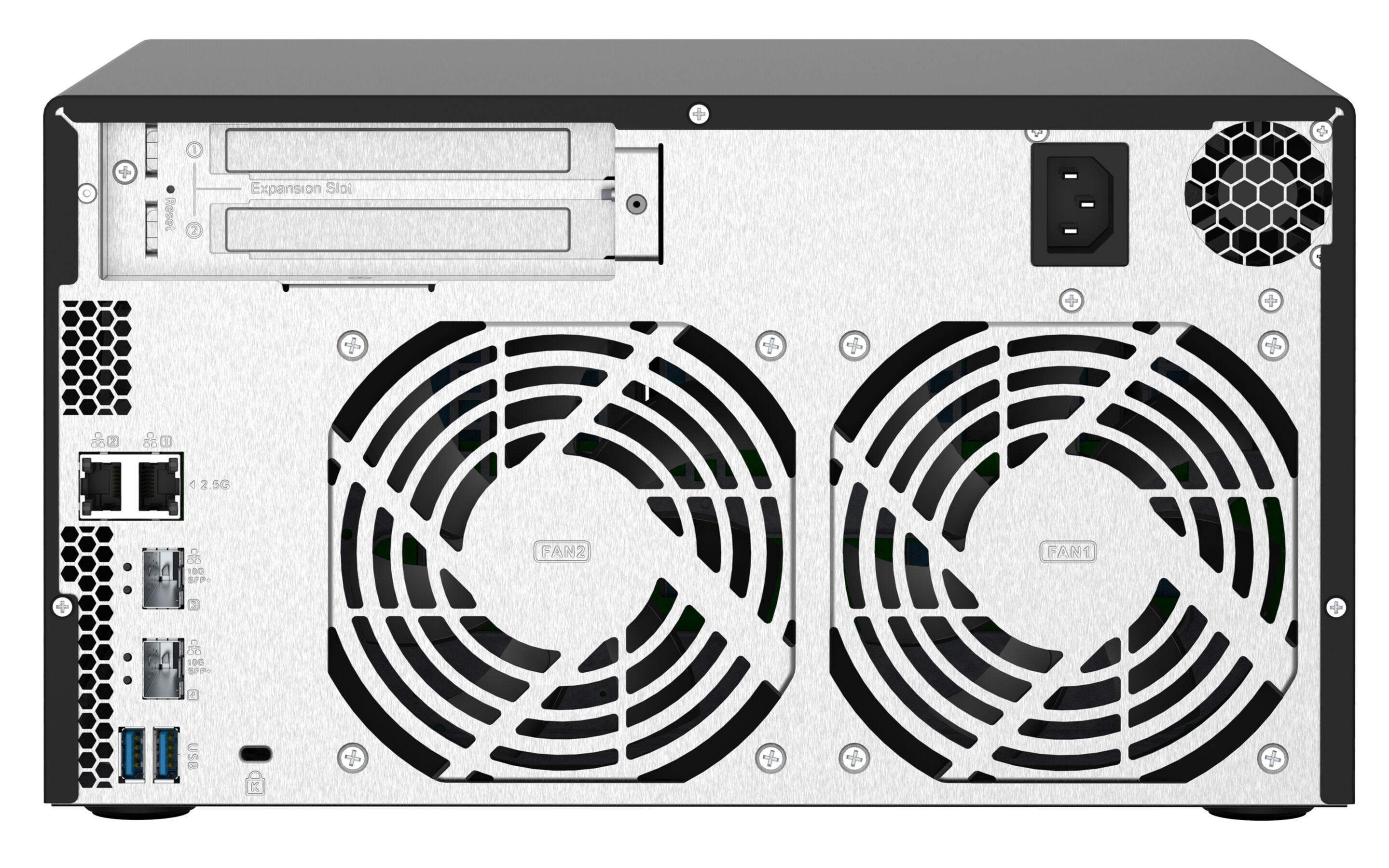 Eine Server-Rückwand mit Lüftern, Anschlüssen, Strom und Erweiterungssteckplätzen. Silbermetall-Finish mit schwarzen Komponenten.