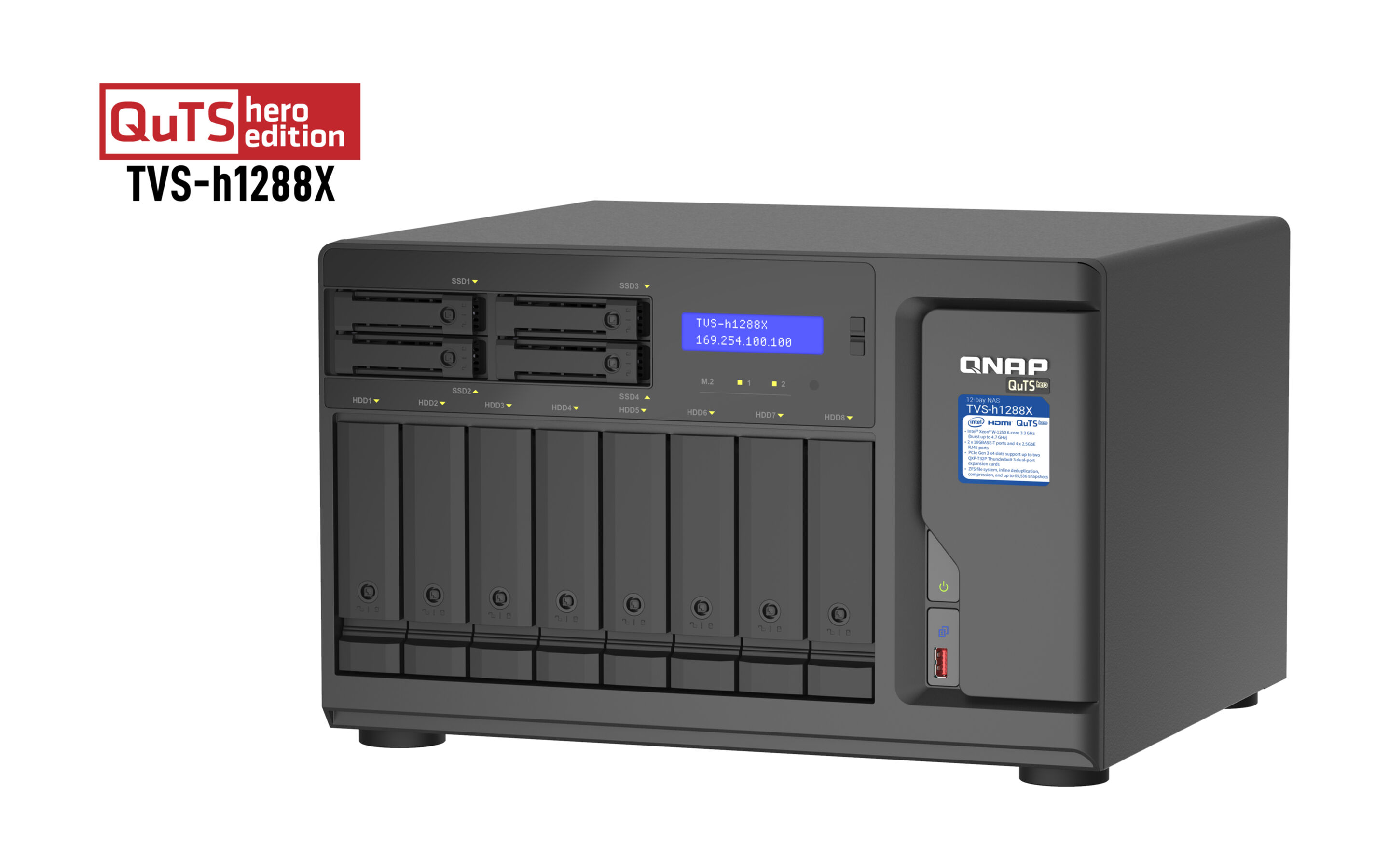Ein schwarzes QNAP NAS-Gerät. Es hat mehrere Laufwerksschächte, einen Bildschirm und den Modellnamen TVS-h1288X.