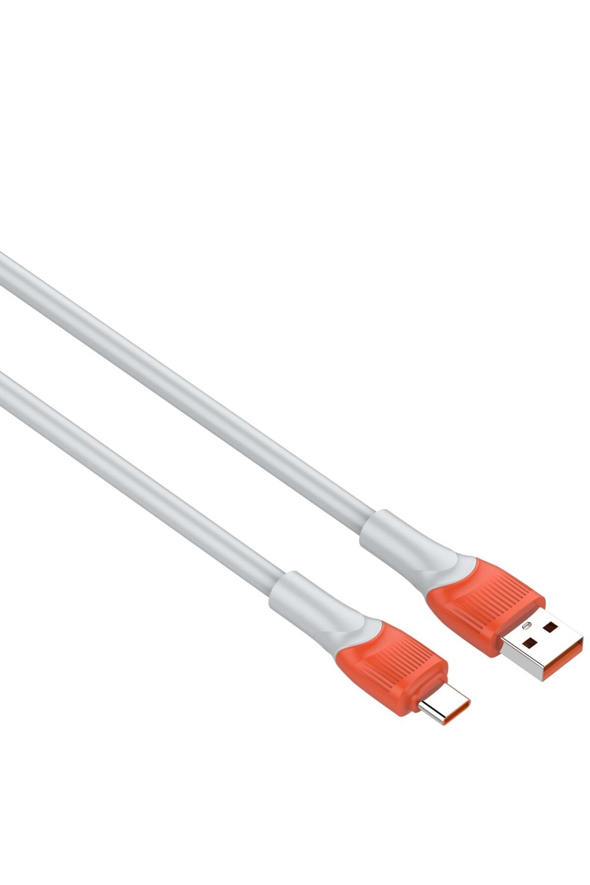 Turuncu konektörlü beyaz bir USB kablosu. Bir ucu USB-A, diğeri USB-C. Her iki uç da sağa doğru.
