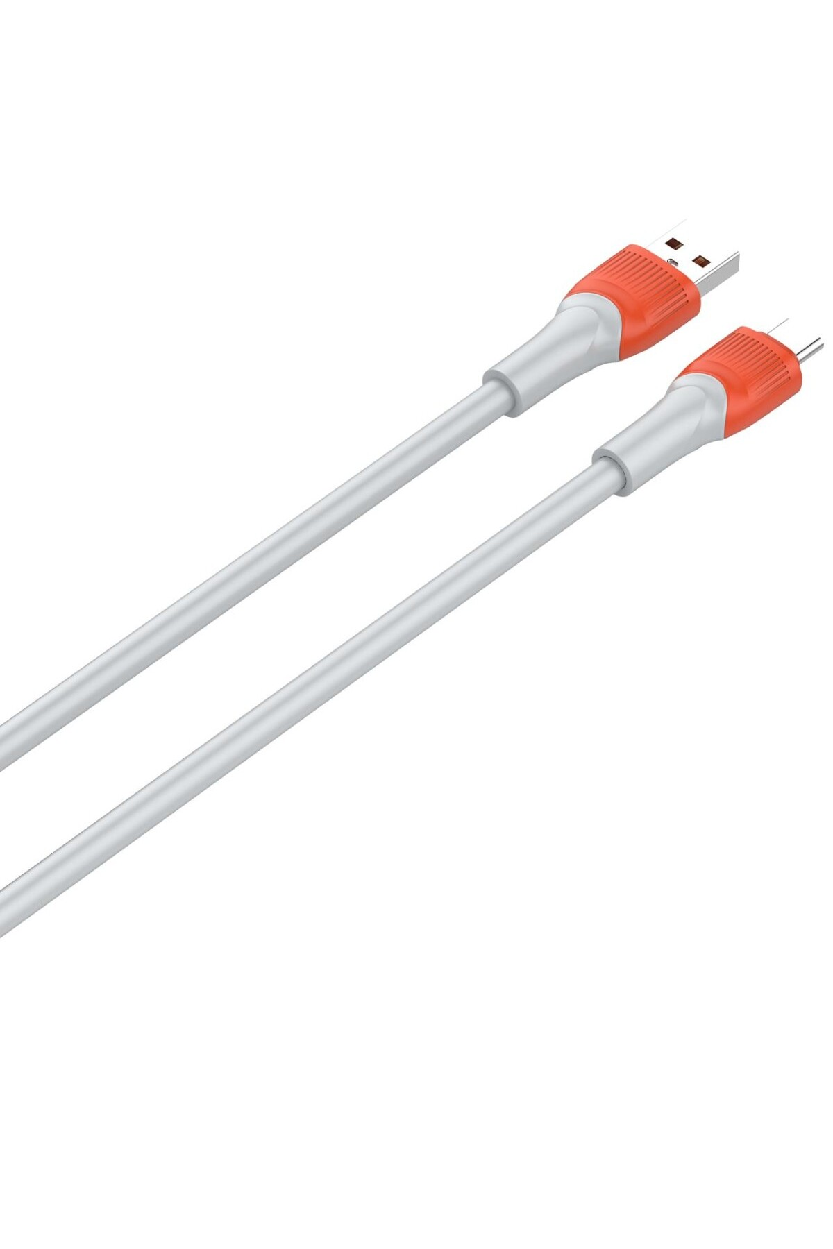 İki USB kablosu. Biri USB-A konektörlü, diğeri USB-C konektörlü. Her ikisi de turuncu detaylı beyaz kablolara sahip.