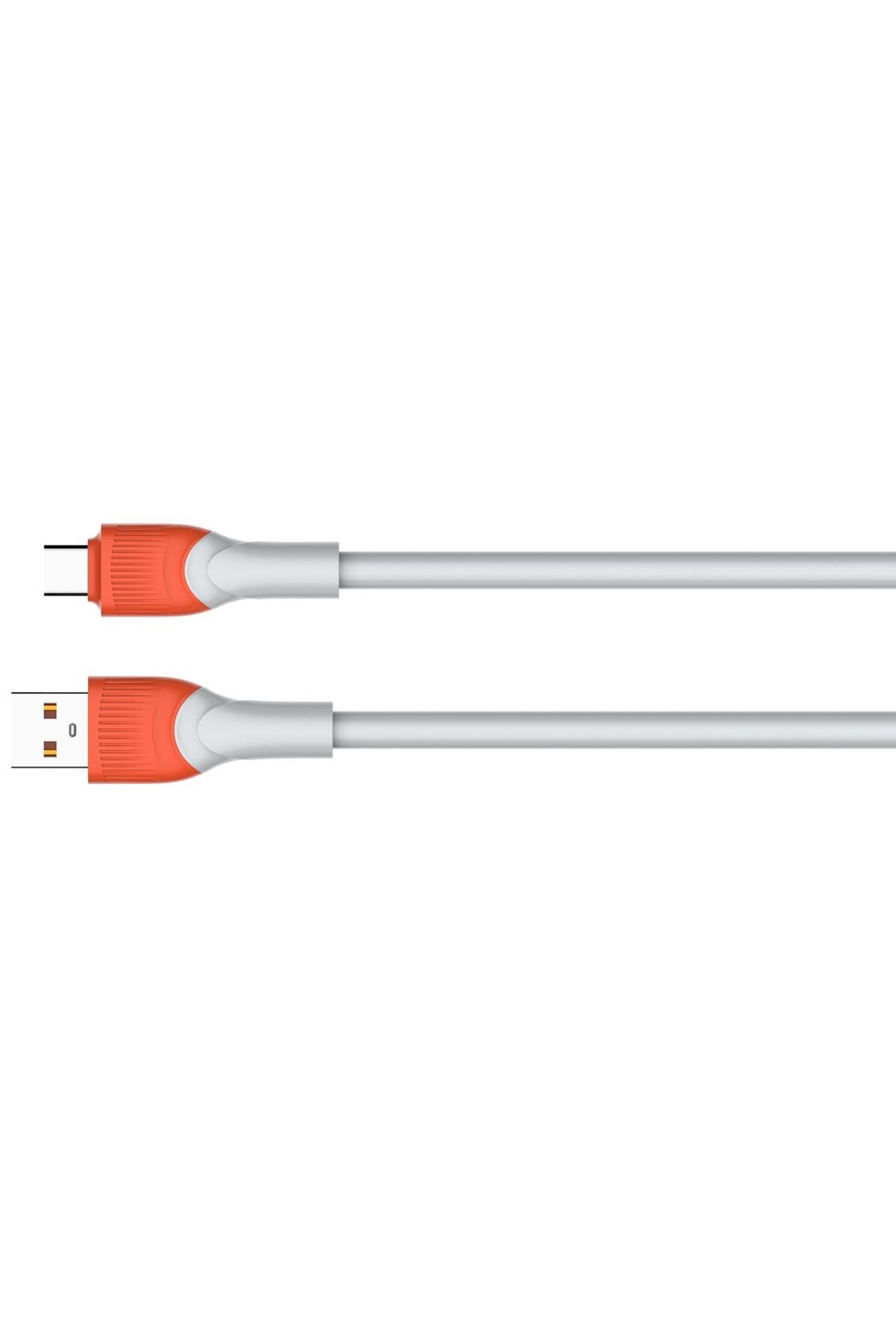 İki USB kablosu: biri USB-C konektörlü, diğeri USB-A. Her ikisi de turuncu uçlara ve gri kablolara sahip, beyaz bir arka plan üzerinde.