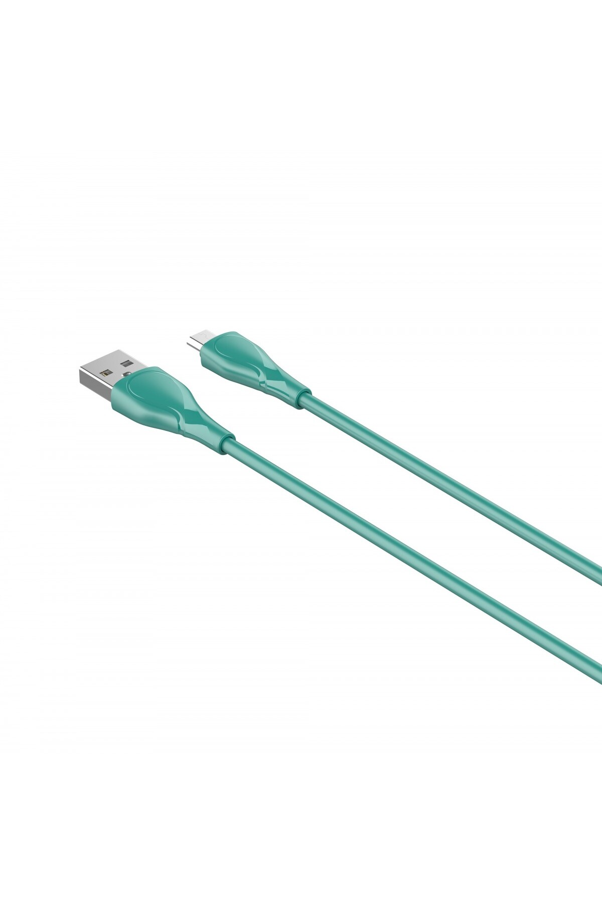 Turkuaz renkli bir USB şarj kablosu. Bir ucu USB, diğeri USB-C. Beyaz bir arka plan üzerinde çapraz olarak konumlandırılmışlar.