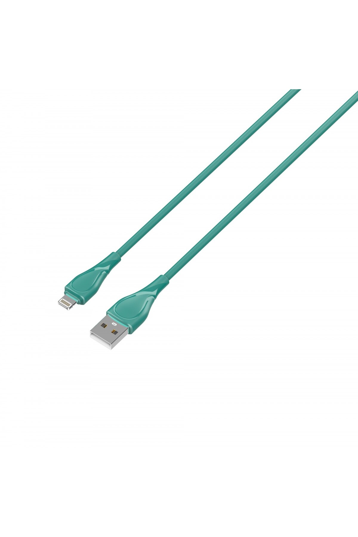 Beyaz bir arka plan üzerinde USB ve Lightning konektörlü, turkuaz bir şarj kablosunun açılı çekimi.