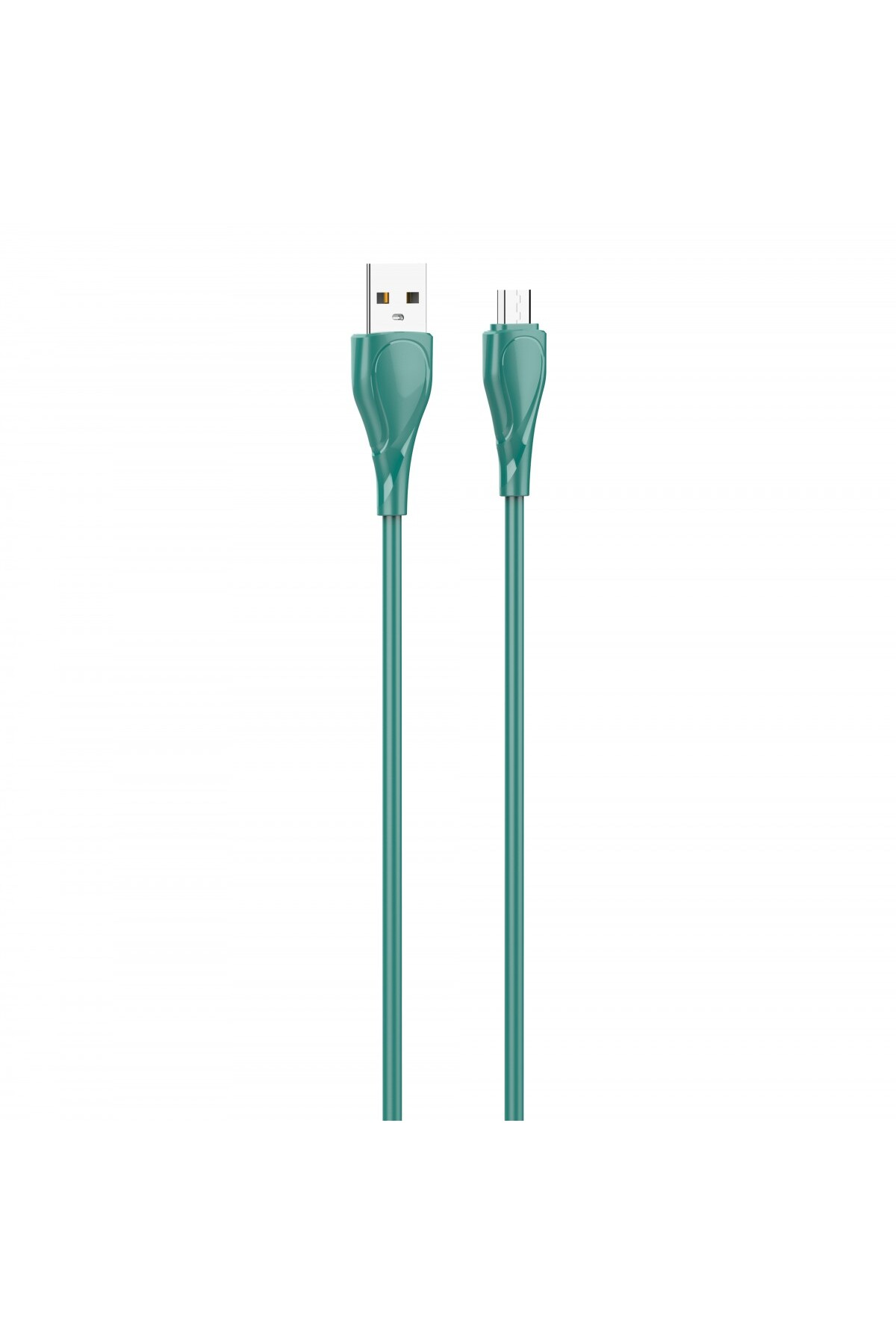 Beyaz zemin üzerinde USB ve micro-USB konnektörlü, turkuaz renkli bir USB şarj kablosu.