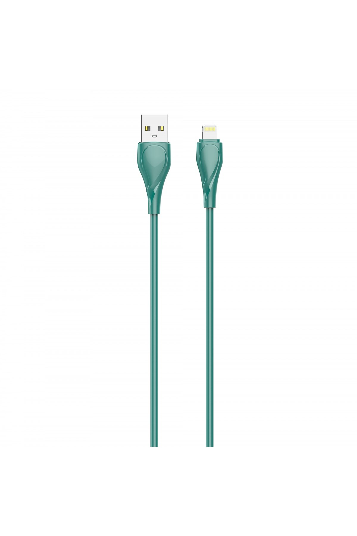 Beyaz zemin üzerinde turkuaz renkli bir USB - Lightning kablosu. Konnektörler üst kısımda, kablo aşağı doğru uzanıyor.