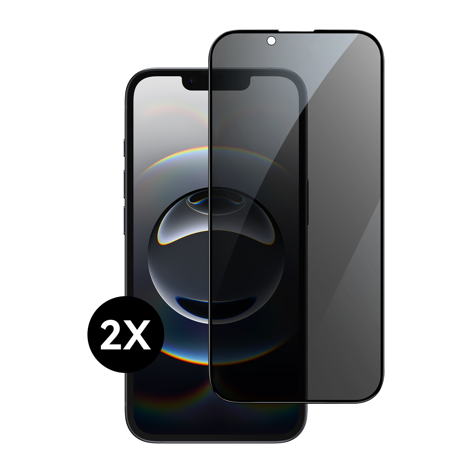 Zwei Smartphones mit Displayschutzfolien. Ein Telefon hat einen schwarzen Kreis mit '2X'.
